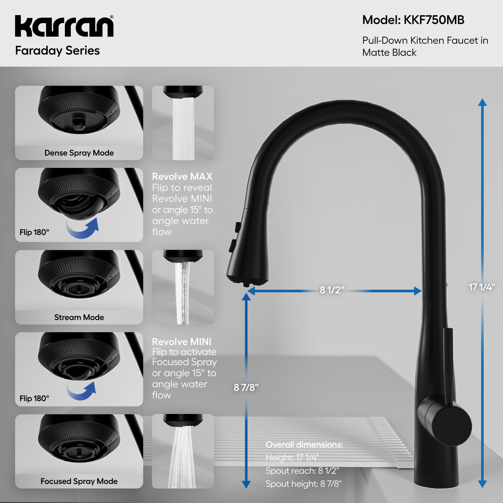 Karran Faraday 1.8 GPM Single Lever Lead-free Brass ADA Kitchen Faucet, Pull-Down, Matte Black, KKF750MB