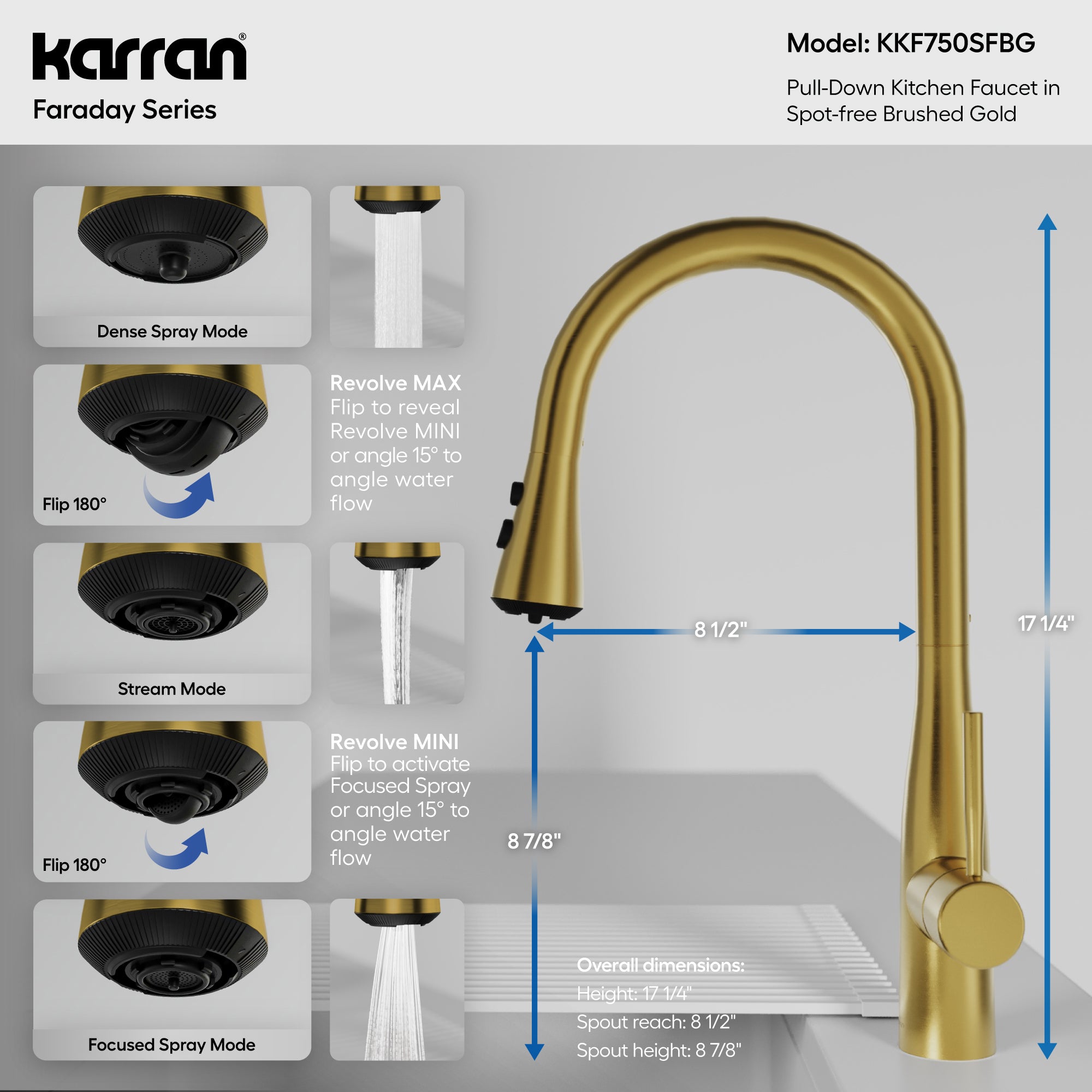 Karran Faraday 1.8 GPM Single Lever Lead-free Brass ADA Kitchen Faucet, Pull-Down, Spot-Free Brushed Gold, KKF750SFBG