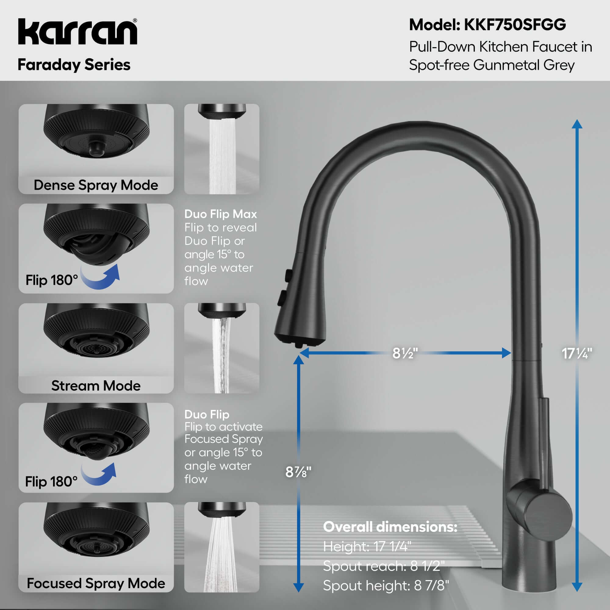 Alternative View of Karran Faraday 1.8 GPM Single Lever Lead-free Brass ADA Kitchen Faucet, Pull-Down, Spot-Free Gunmetal Grey, KKF750SFGG