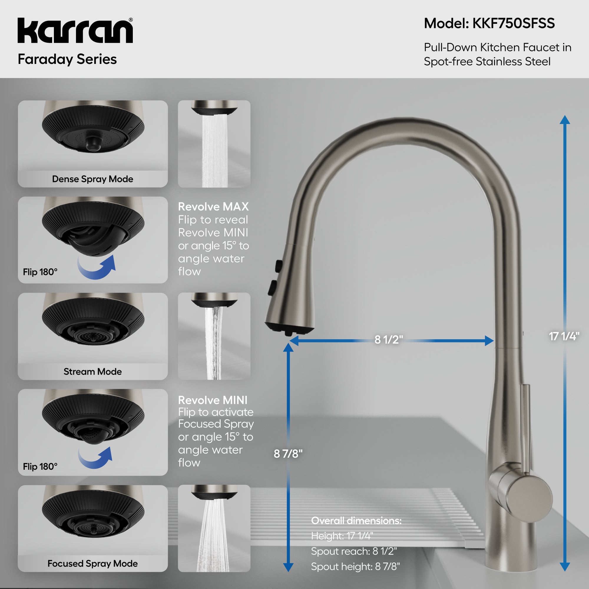 Karran Faraday 1.8 GPM Single Lever Lead-free Brass ADA Kitchen Faucet, Pull-Down, Spot Free Stainless Steel, KKF750SFSS