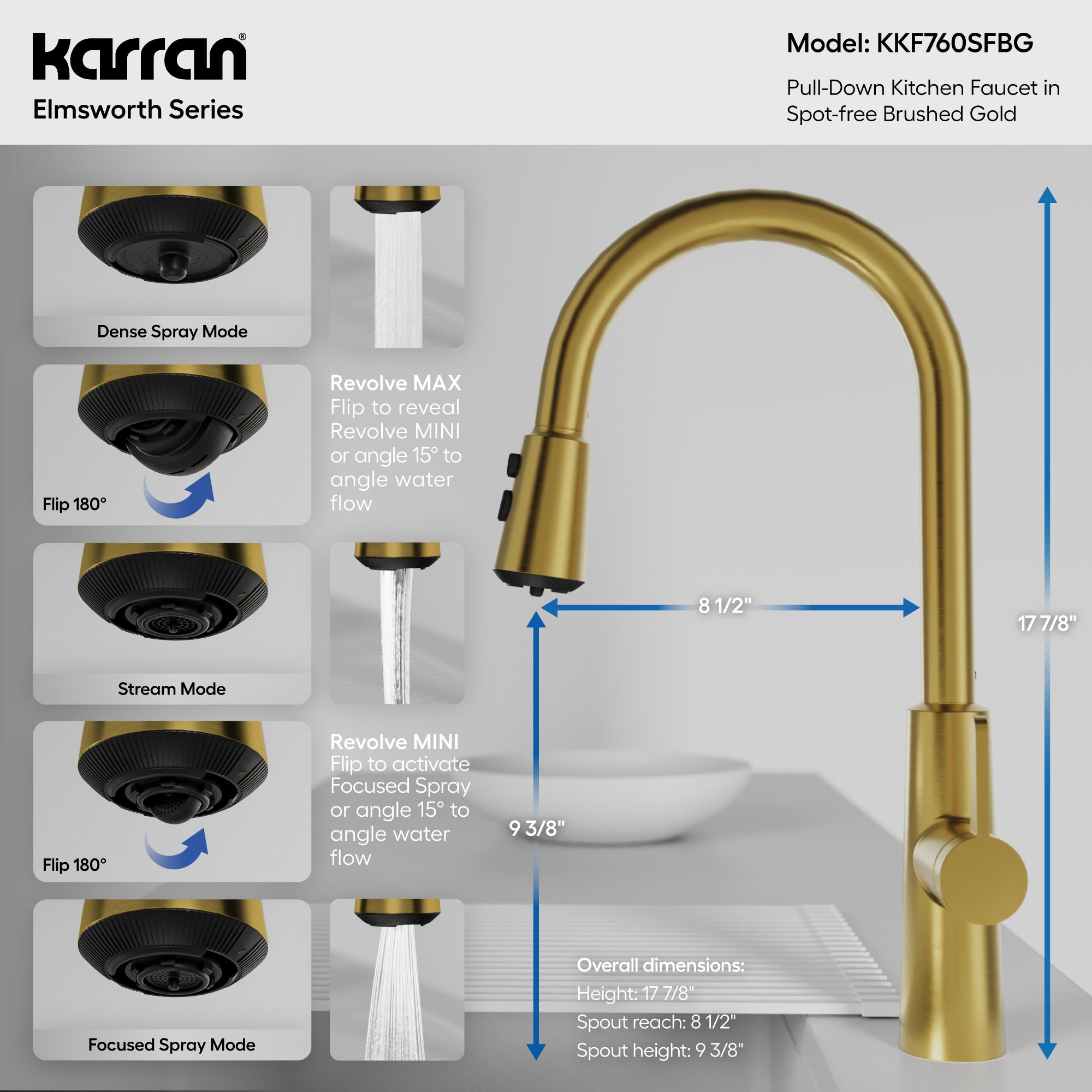 Karran Elmsworth 1.8 GPM Single Lever Lead-free Brass ADA Kitchen Faucet, Pull-Down, Spot-Free Brushed Gold, KKF760SFBG