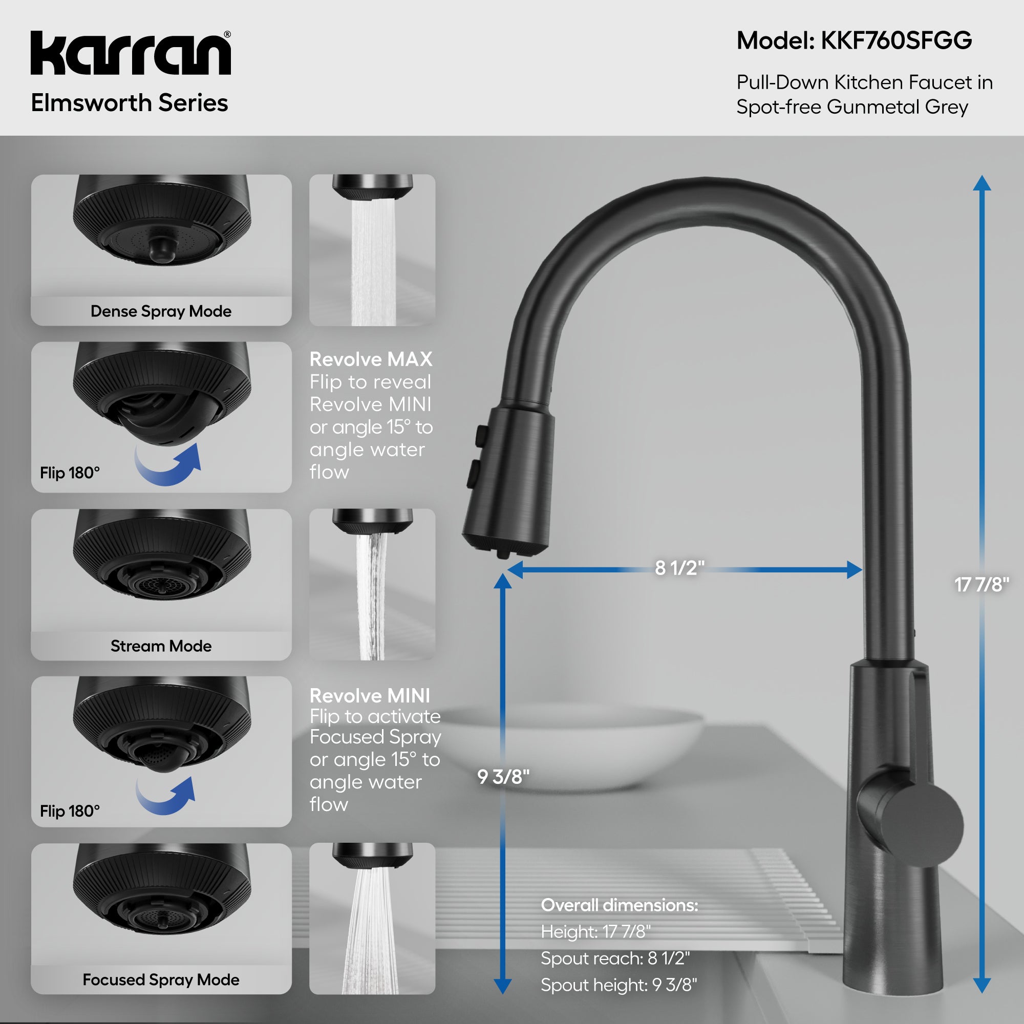 Karran Elmsworth 1.8 GPM Single Lever Lead-free Brass ADA Kitchen Faucet, Pull-Down, Spot-Free Gunmetal Grey, KKF760SFGG