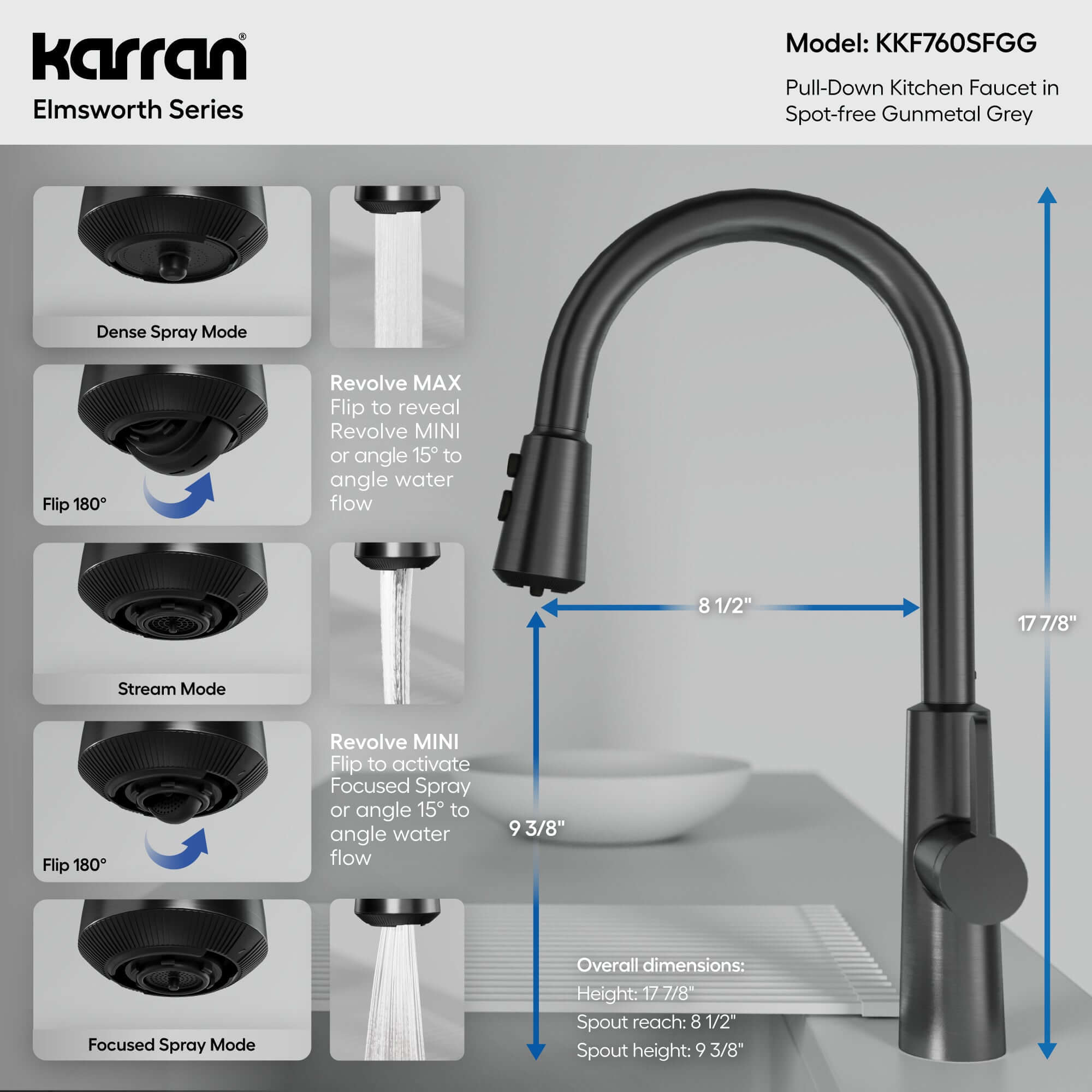 Karran Elmsworth 1.8 GPM Single Lever Lead-free Brass ADA Kitchen Faucet, Pull-Down, Spot-Free Gunmetal Grey, KKF760SFGG