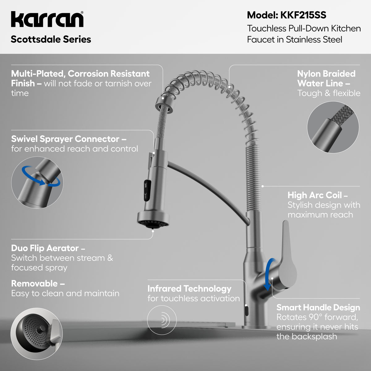 Alternative View of Karran Alston 1.8 GPM Single Lever Handle Lead-free Brass ADA Touchless Kitchen Faucet, Pull-Down, Oil Rubbed Bronze, KKF215SS