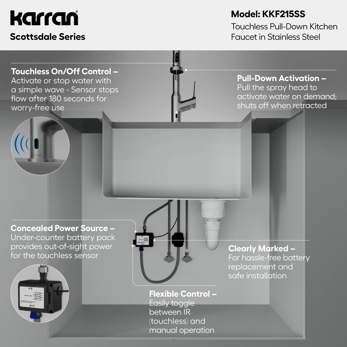 Alternative View of Karran Alston 1.8 GPM Single Lever Handle Lead-free Brass ADA Touchless Kitchen Faucet, Pull-Down, Oil Rubbed Bronze, KKF215SS