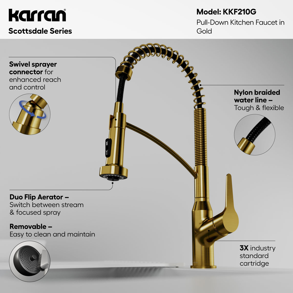 Alternative View of Karran Scottsdale 1.8 GPM Single Lever Handle Lead-free Brass ADA Kitchen Faucet, Pull-Down Kitchen, Gold, KKF210G