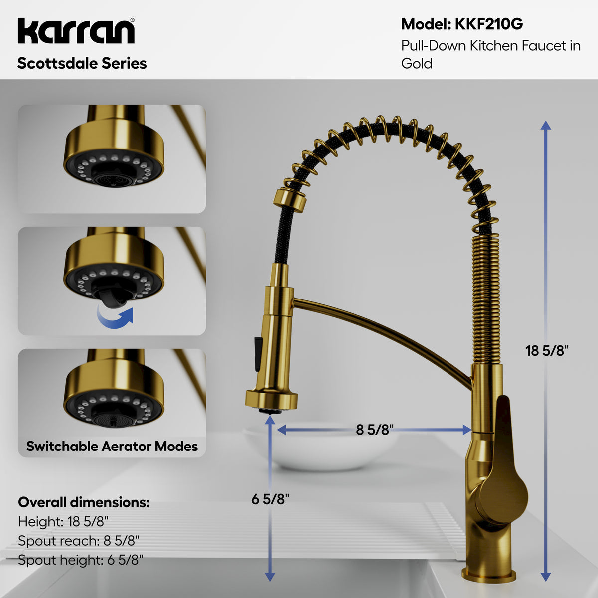 Alternative View of Karran Scottsdale 1.8 GPM Single Lever Handle Lead-free Brass ADA Kitchen Faucet, Pull-Down Kitchen, Gold, KKF210G