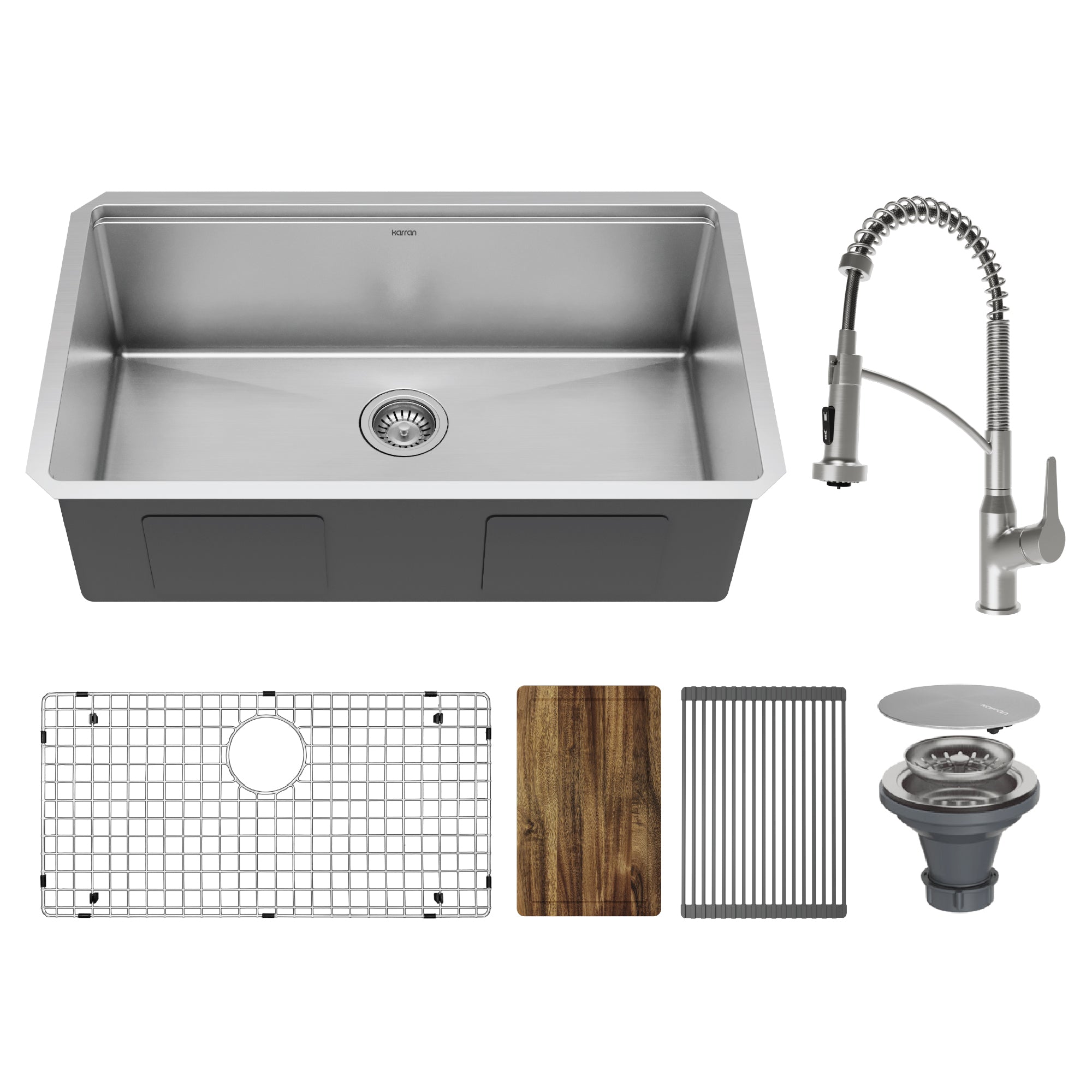 Karran Elite Workstation 32" Undermount Stainless Steel Kitchen Sink with Faucet and Accessories, Satin Brushed, 16 Gauge, WS-37-PK4