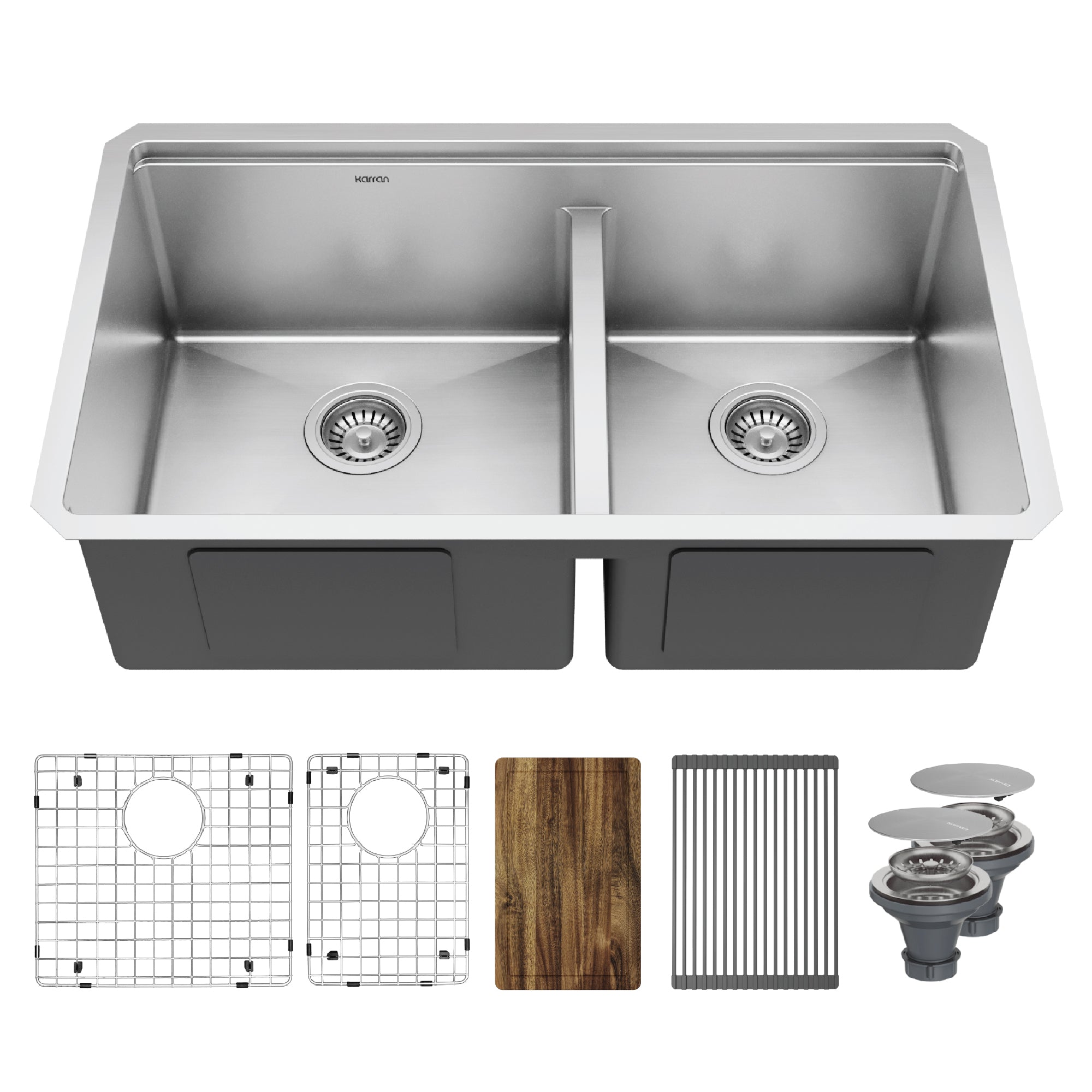 Karran Elite Workstation 32" Undermount Stainless Steel Kitchen Sink with Accessories, 60/40 Double Bowl, Satin Brushed, 16 Gauge, WS-40-PK5