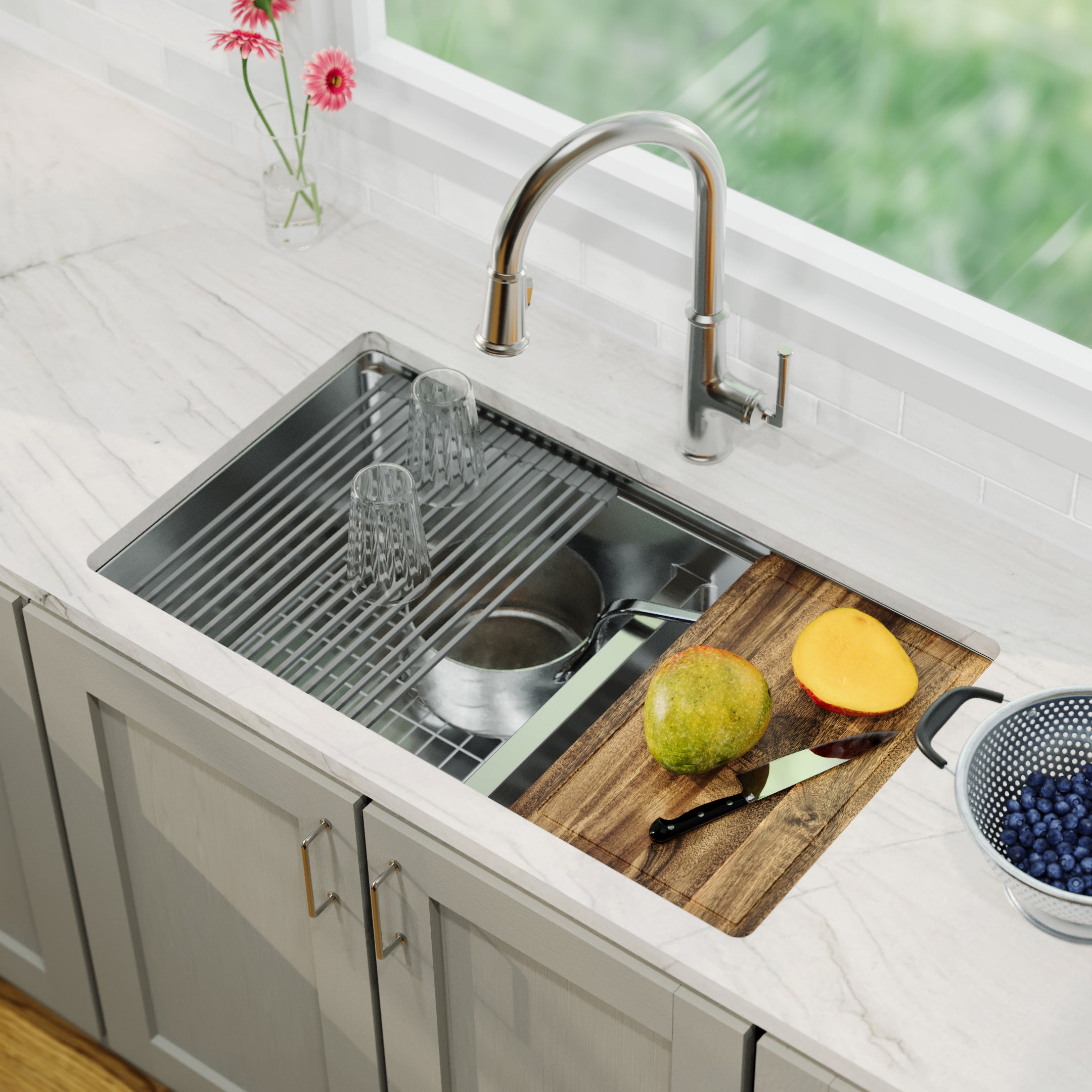 Karran Elite Workstation 32" Undermount Stainless Steel Kitchen Sink with Accessories, 60/40 Double Bowl, Satin Brushed, 16 Gauge, WS-40-PK5