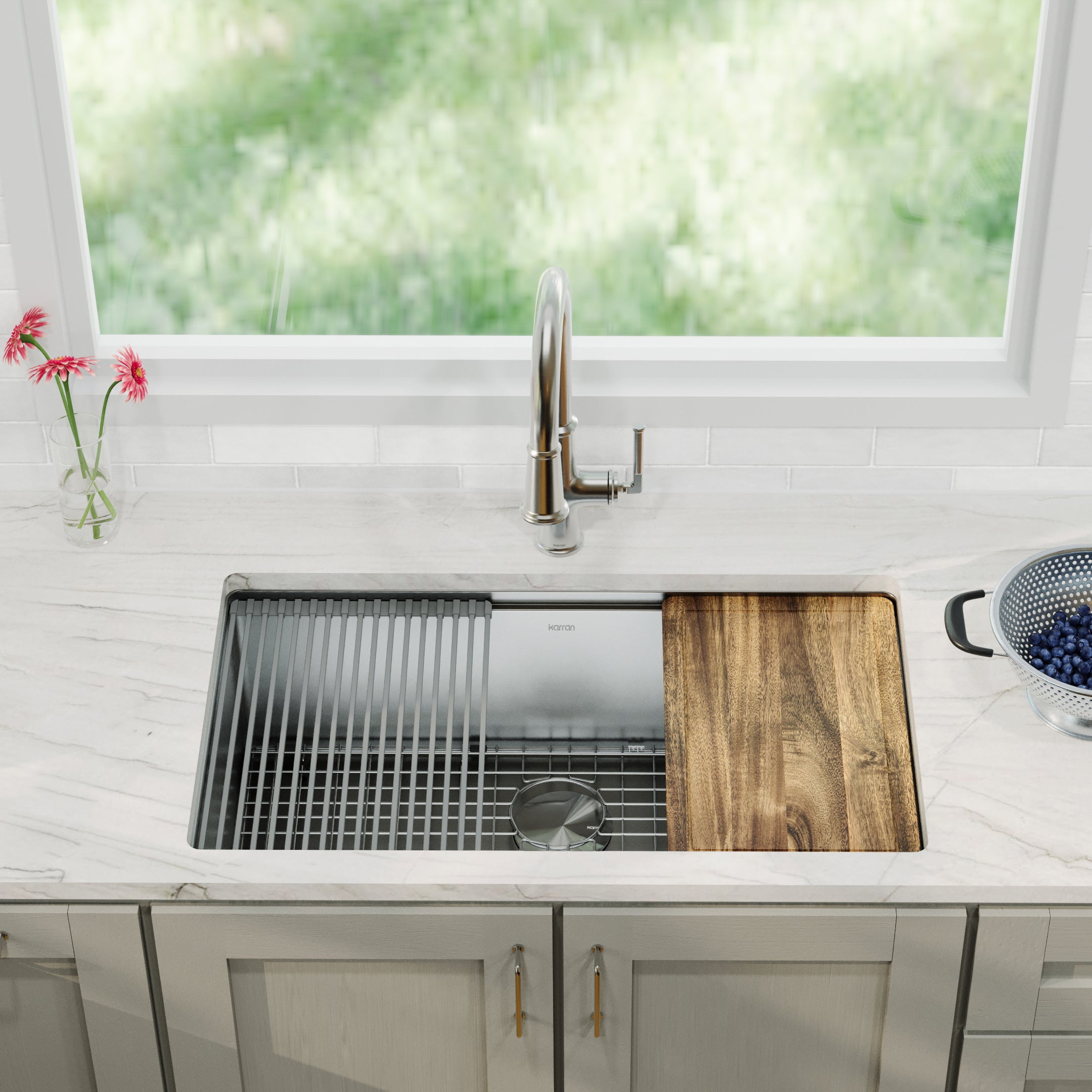 Karran Elite Workstation 32" Undermount Stainless Steel Kitchen Sink with Accessories, Satin Brushed, 16 Gauge, WS-37-PK5