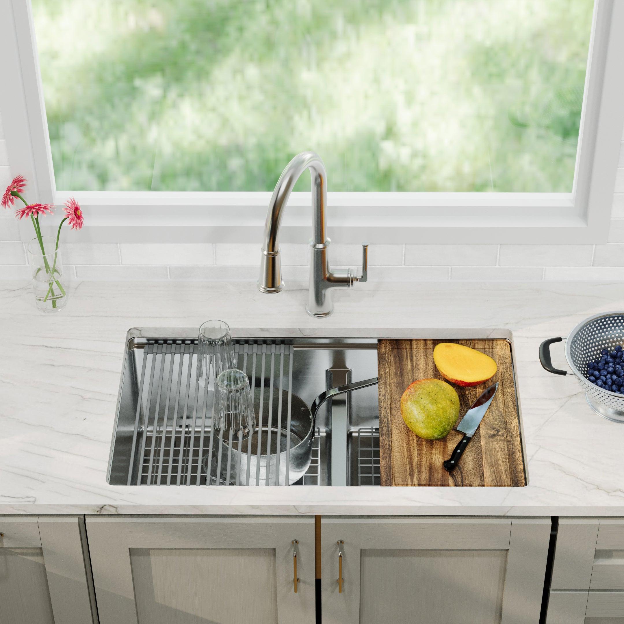 Karran Elite Workstation 32" Undermount Stainless Steel Kitchen Sink with Accessories, 60/40 Double Bowl, Satin Brushed, 16 Gauge, WS-40-PK5