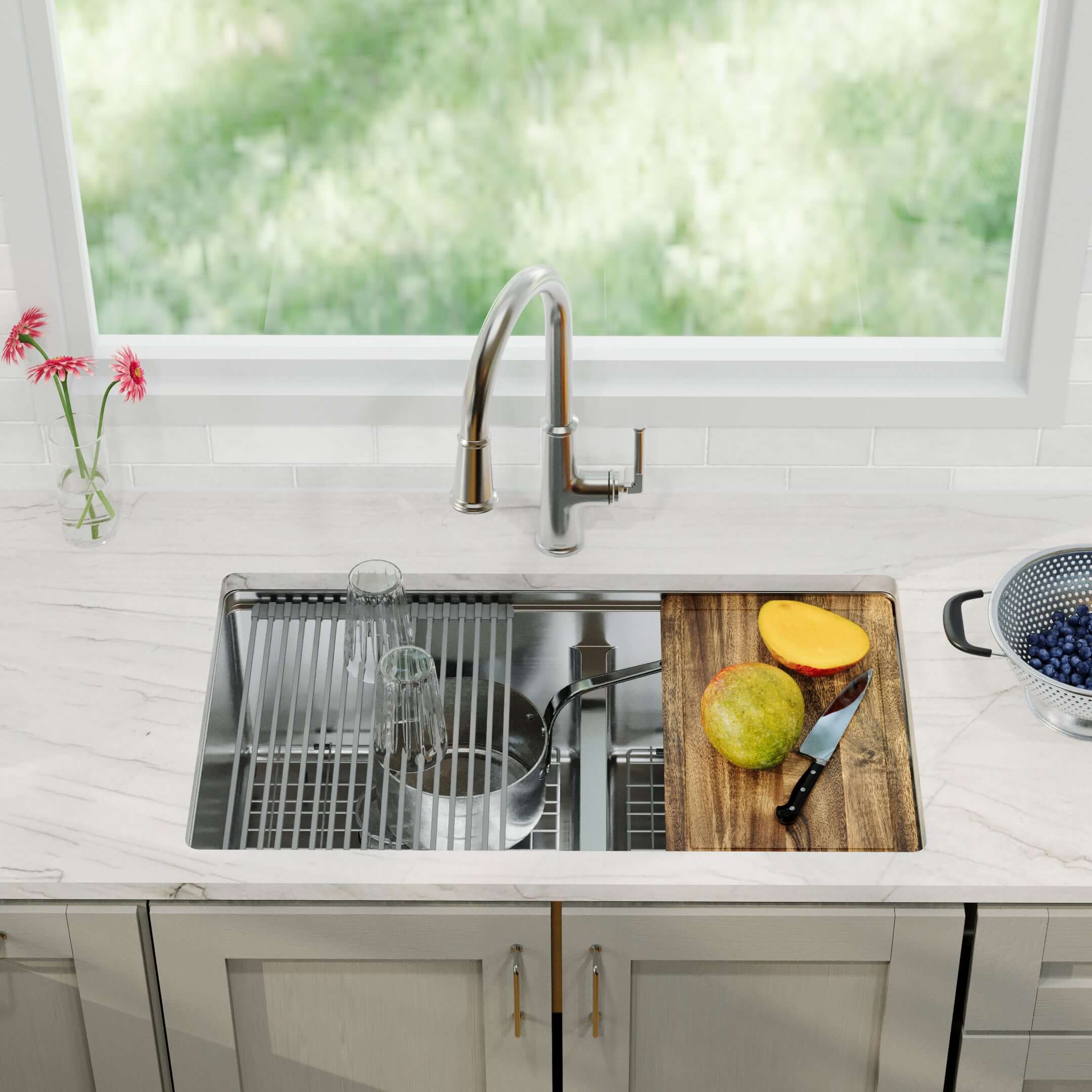 Karran Elite Workstation 32" Undermount Stainless Steel Kitchen Sink with Accessories, 60/40 Double Bowl, Satin Brushed, 16 Gauge, WS-40-PK5