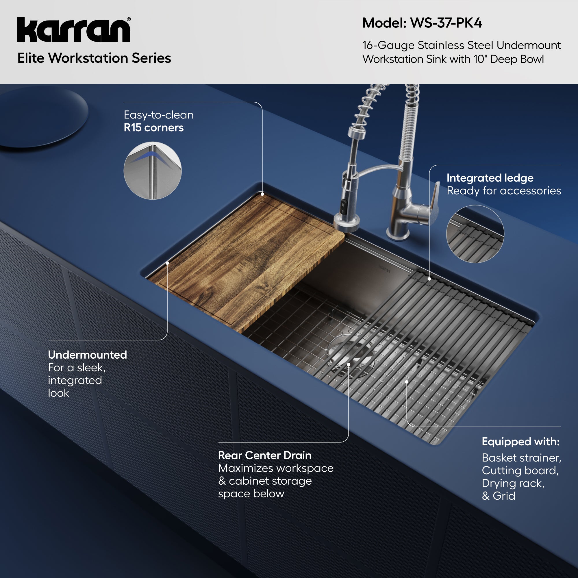 Karran Elite Workstation 32" Undermount Stainless Steel Kitchen Sink with Faucet and Accessories, Satin Brushed, 16 Gauge, WS-37-PK4