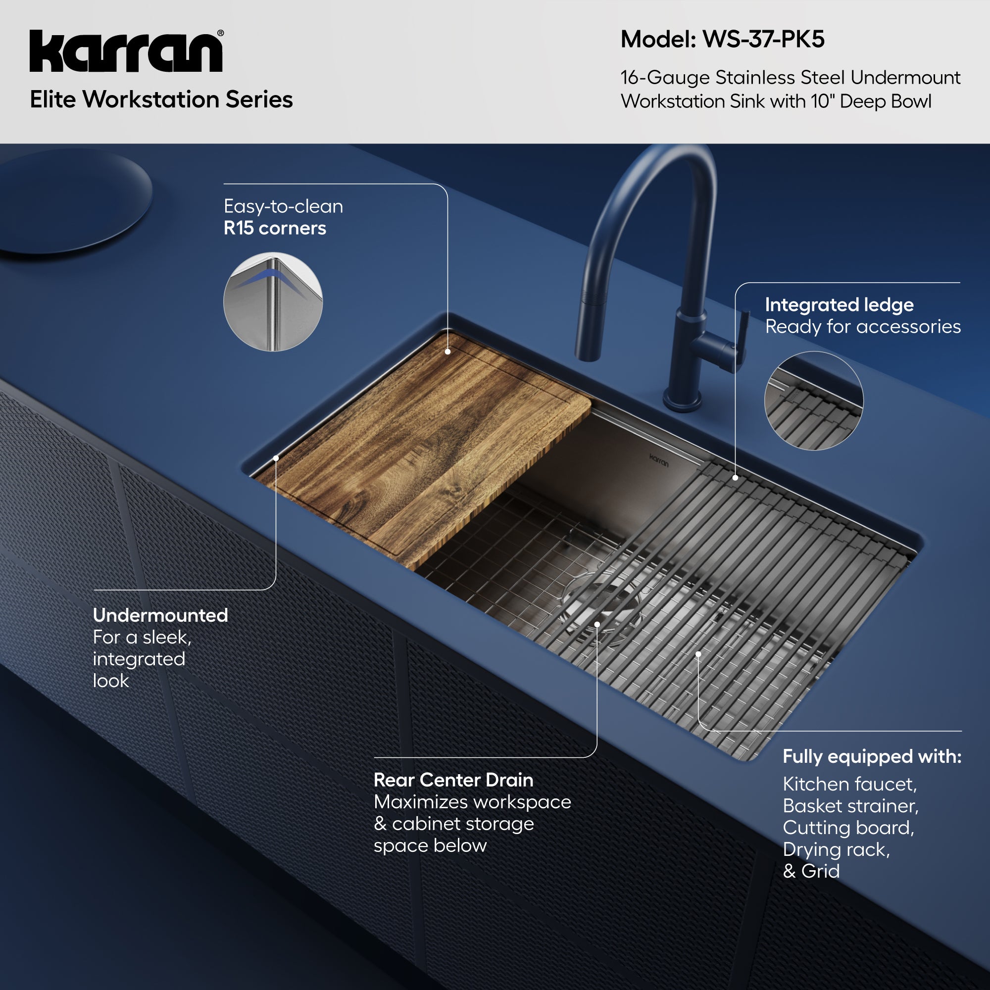 Karran Elite Workstation 32" Undermount Stainless Steel Kitchen Sink with Accessories, Satin Brushed, 16 Gauge, WS-37-PK5