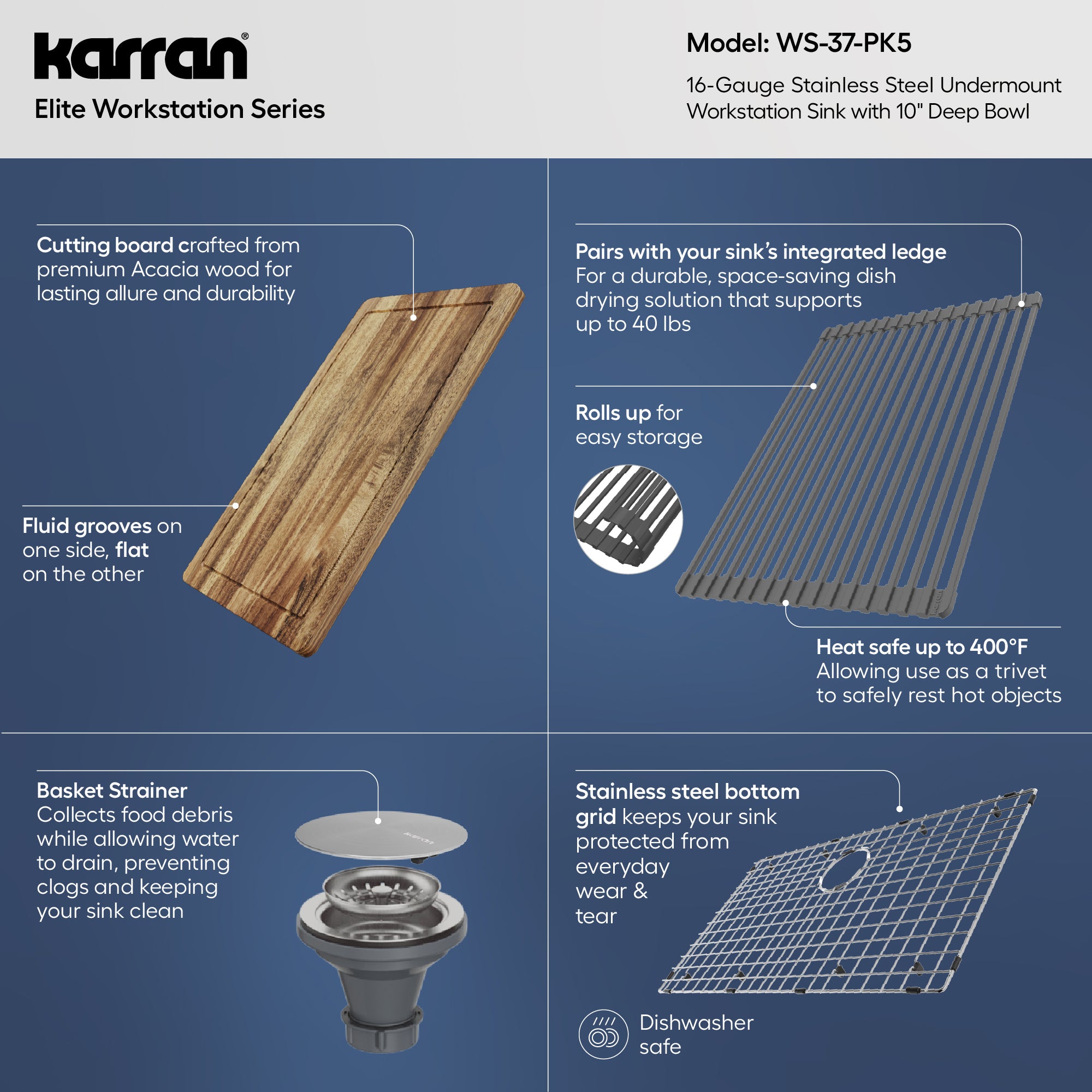 Karran Elite Workstation 32" Undermount Stainless Steel Kitchen Sink with Accessories, Satin Brushed, 16 Gauge, WS-37-PK5