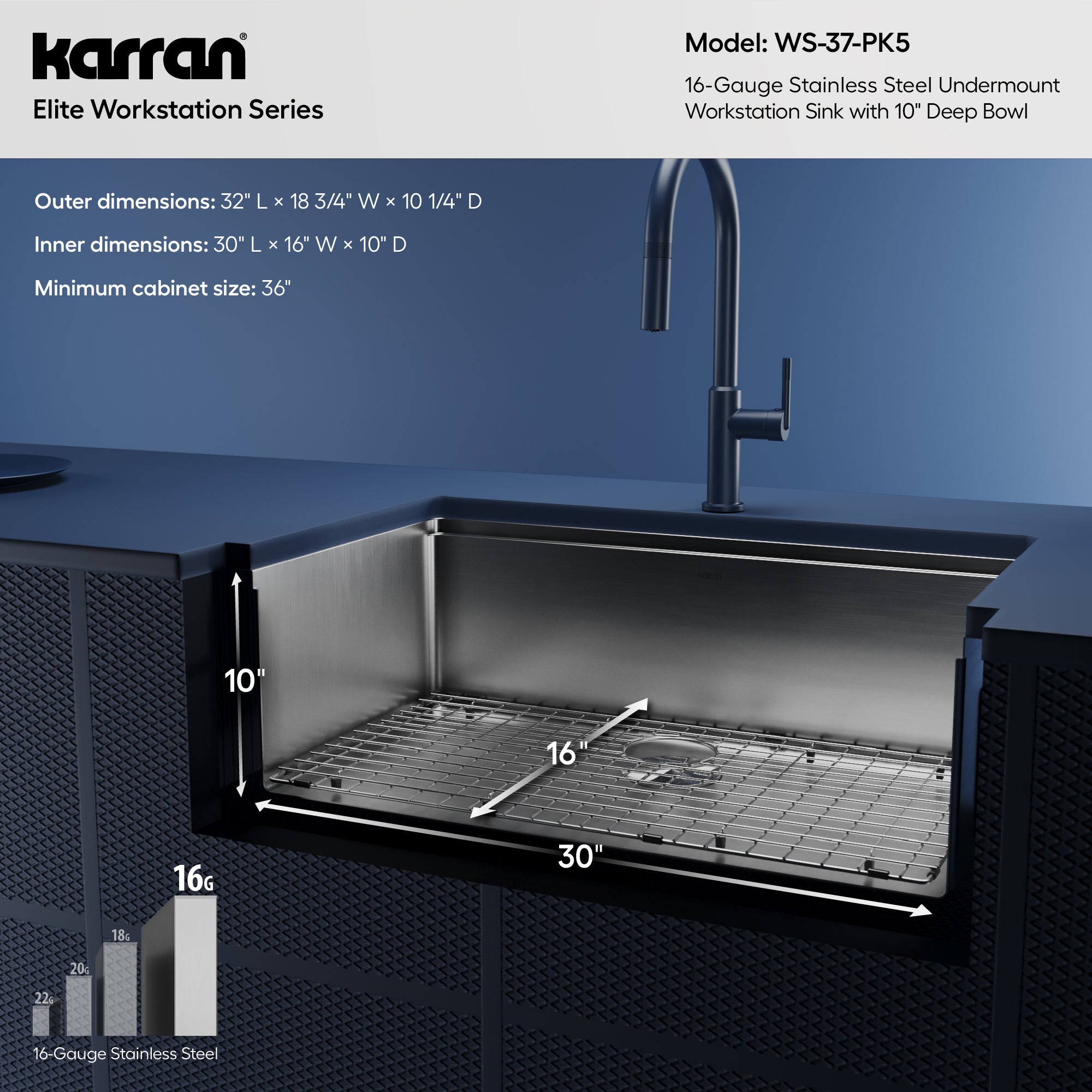 Karran Elite Workstation 32" Undermount Stainless Steel Kitchen Sink with Accessories, Satin Brushed, 16 Gauge, WS-37-PK5
