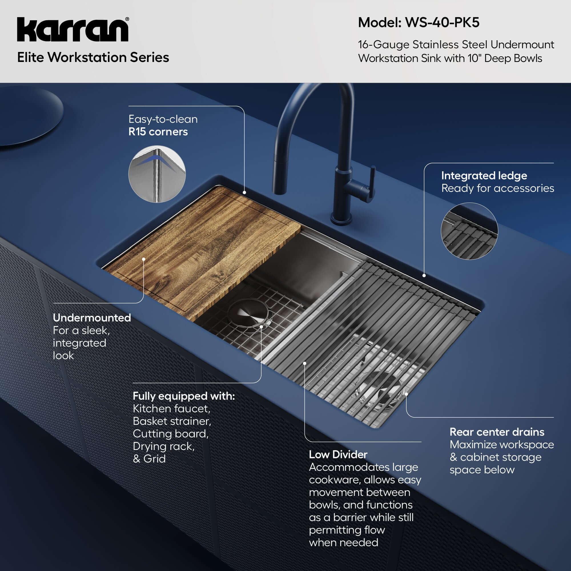Karran Elite Workstation 32" Undermount Stainless Steel Kitchen Sink with Accessories, 60/40 Double Bowl, Satin Brushed, 16 Gauge, WS-40-PK5