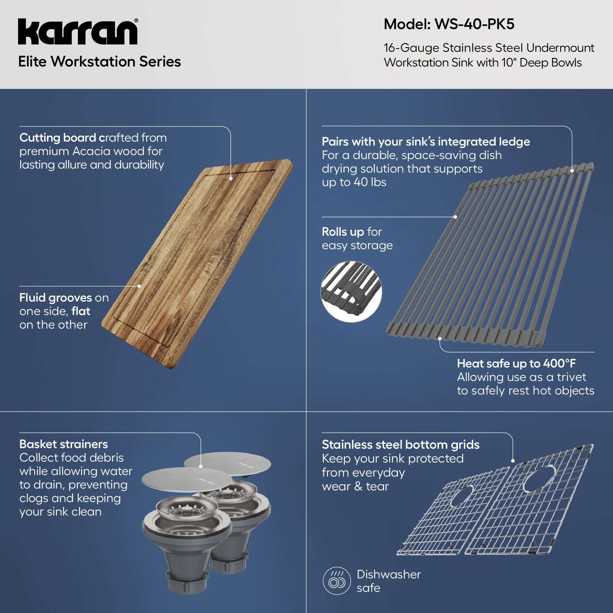 Karran Elite Workstation 32" Undermount Stainless Steel Kitchen Sink with Accessories, 60/40 Double Bowl, Satin Brushed, 16 Gauge, WS-40-PK5
