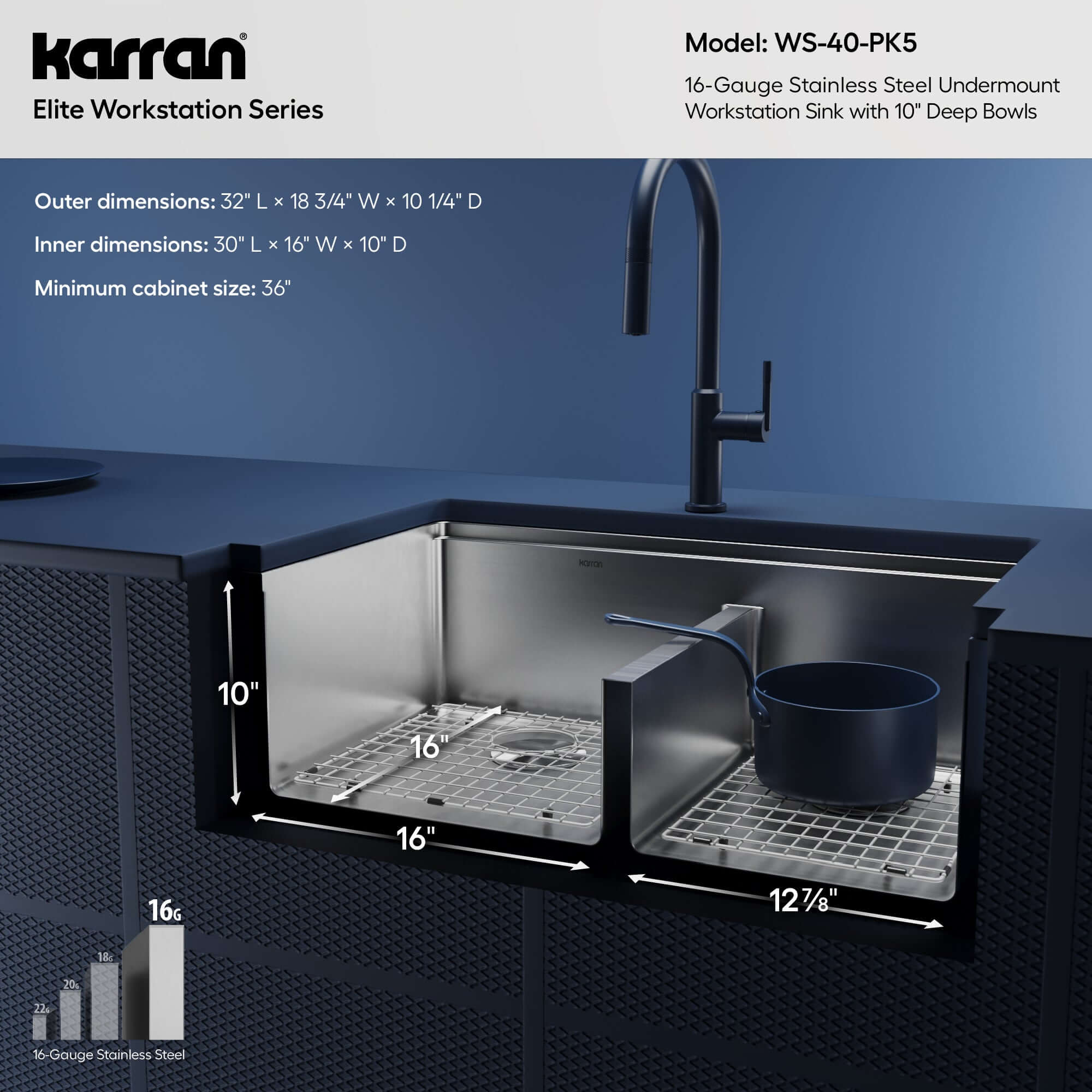 Karran Elite Workstation 32" Undermount Stainless Steel Kitchen Sink with Accessories, 60/40 Double Bowl, Satin Brushed, 16 Gauge, WS-40-PK5