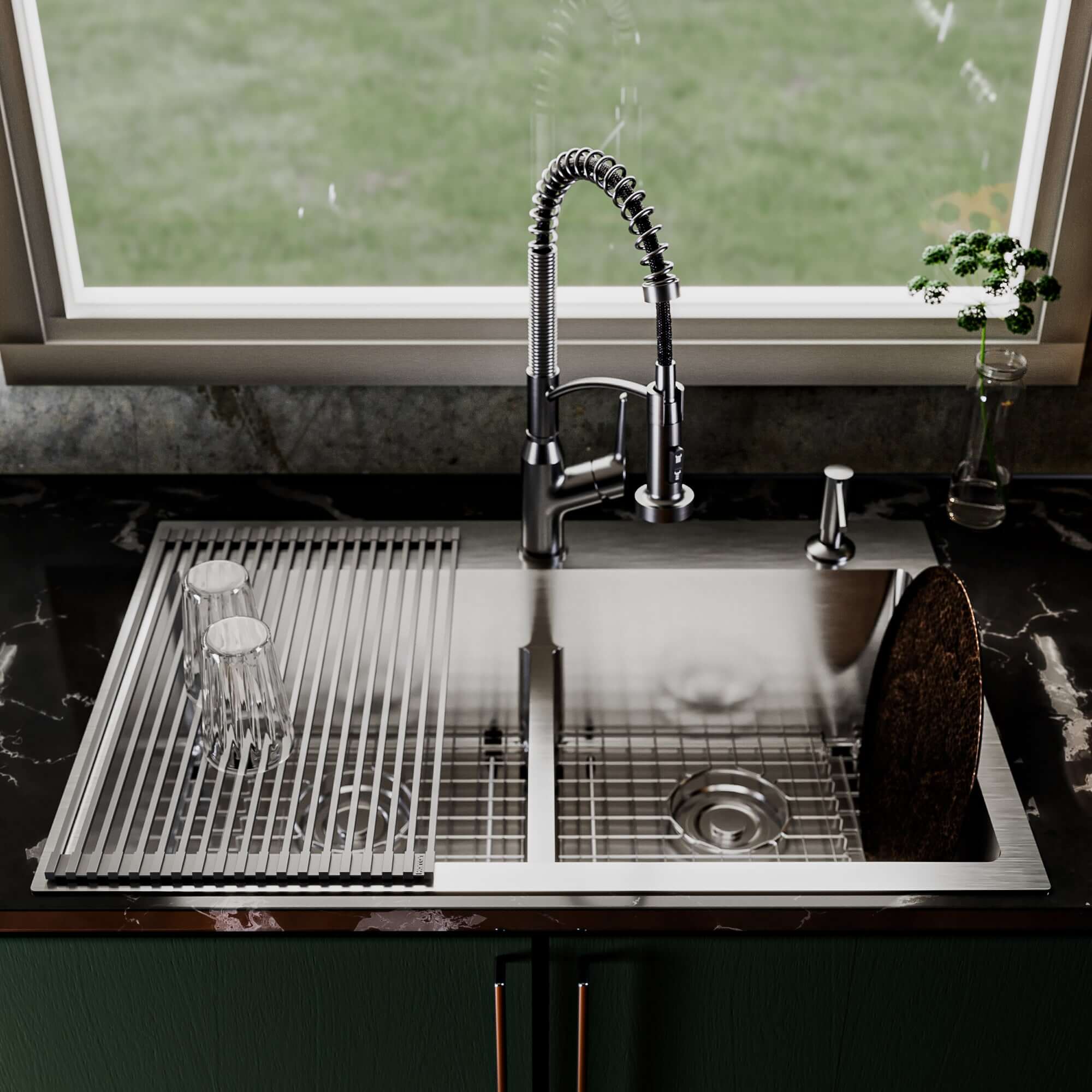 Alternate Image for Karran Fusion 33" Drop In/Topmount Stainless Steel Kitchen Sink with Accessories, 50/50 Double Bowl, 16 Gauge, TMDB3321-PK1