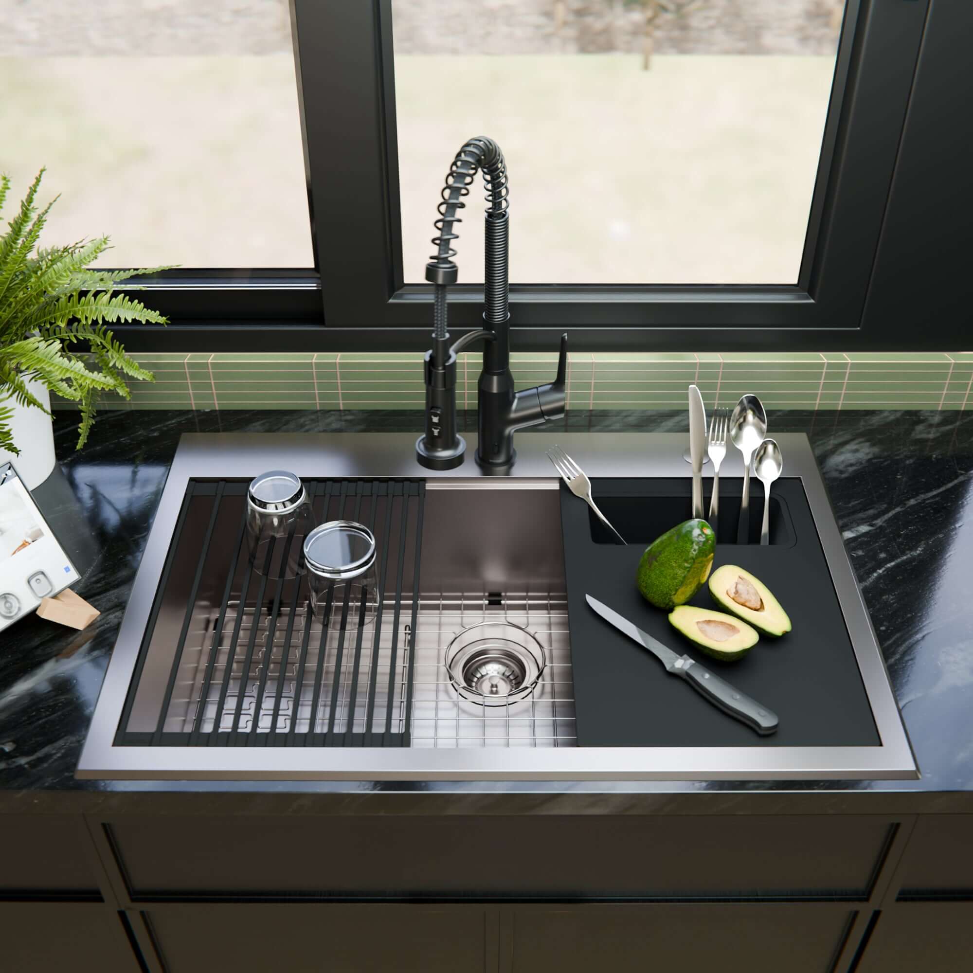 Alternate Image for Karran Fusion 33" Drop In/Topmount Stainless Steel Workstation Kitchen Sink with Accessories, 18 Gauge, WSTMSB3323-PK1