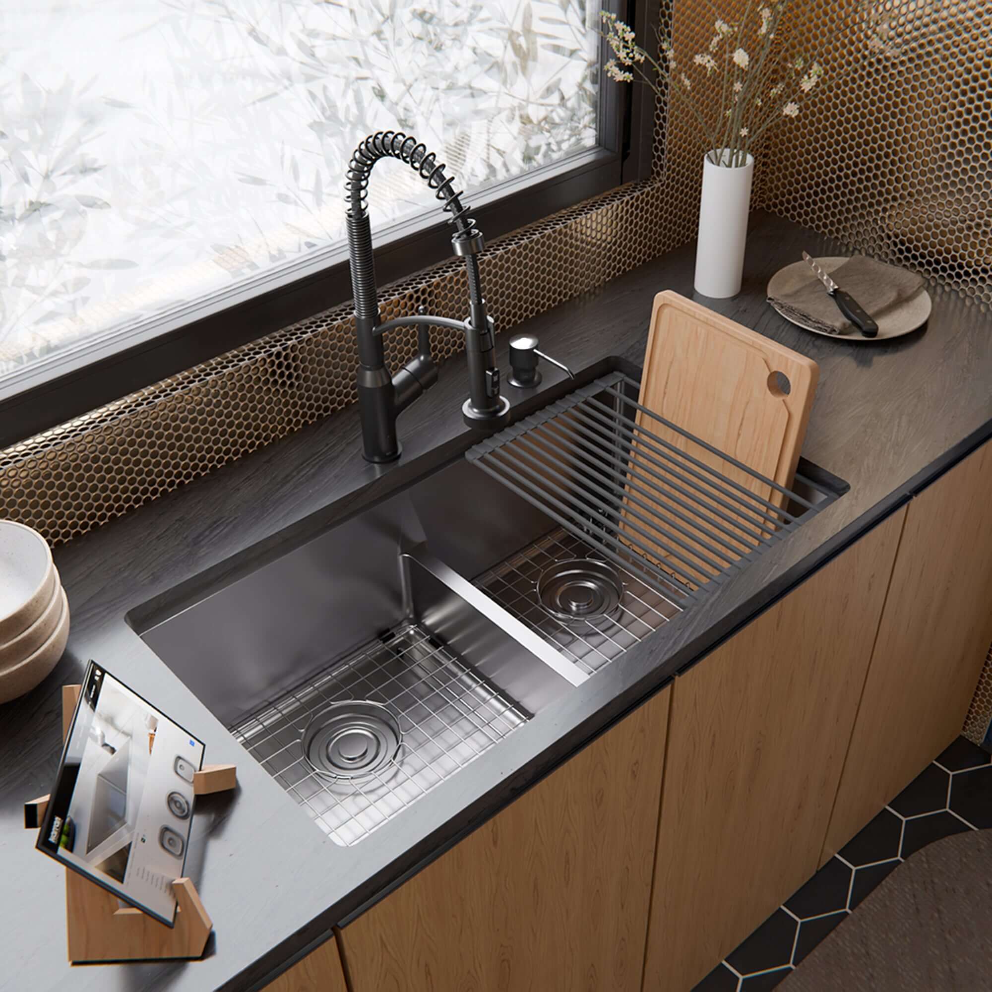 Alternate Image for Karran Fusion 33" Undermount Stainless Steel ADA Workstation Kitchen Sink with Accessories, 50/50 Double Bowl, 16 Gauge, UUMDB3322-PK1