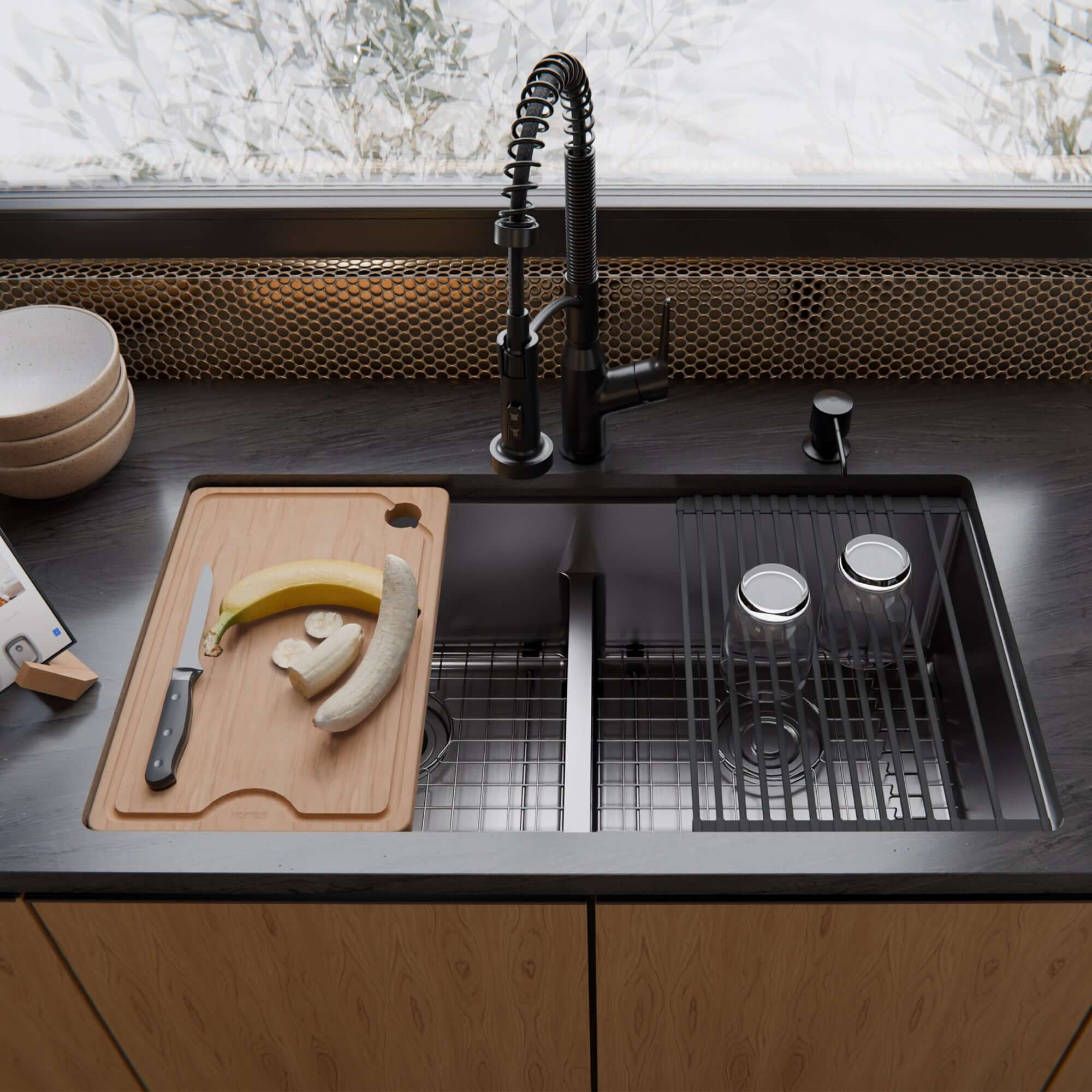 Alternate Image for Karran Fusion 33" Undermount Stainless Steel ADA Workstation Kitchen Sink with Accessories, 50/50 Double Bowl, 16 Gauge, UUMDB3322-PK1