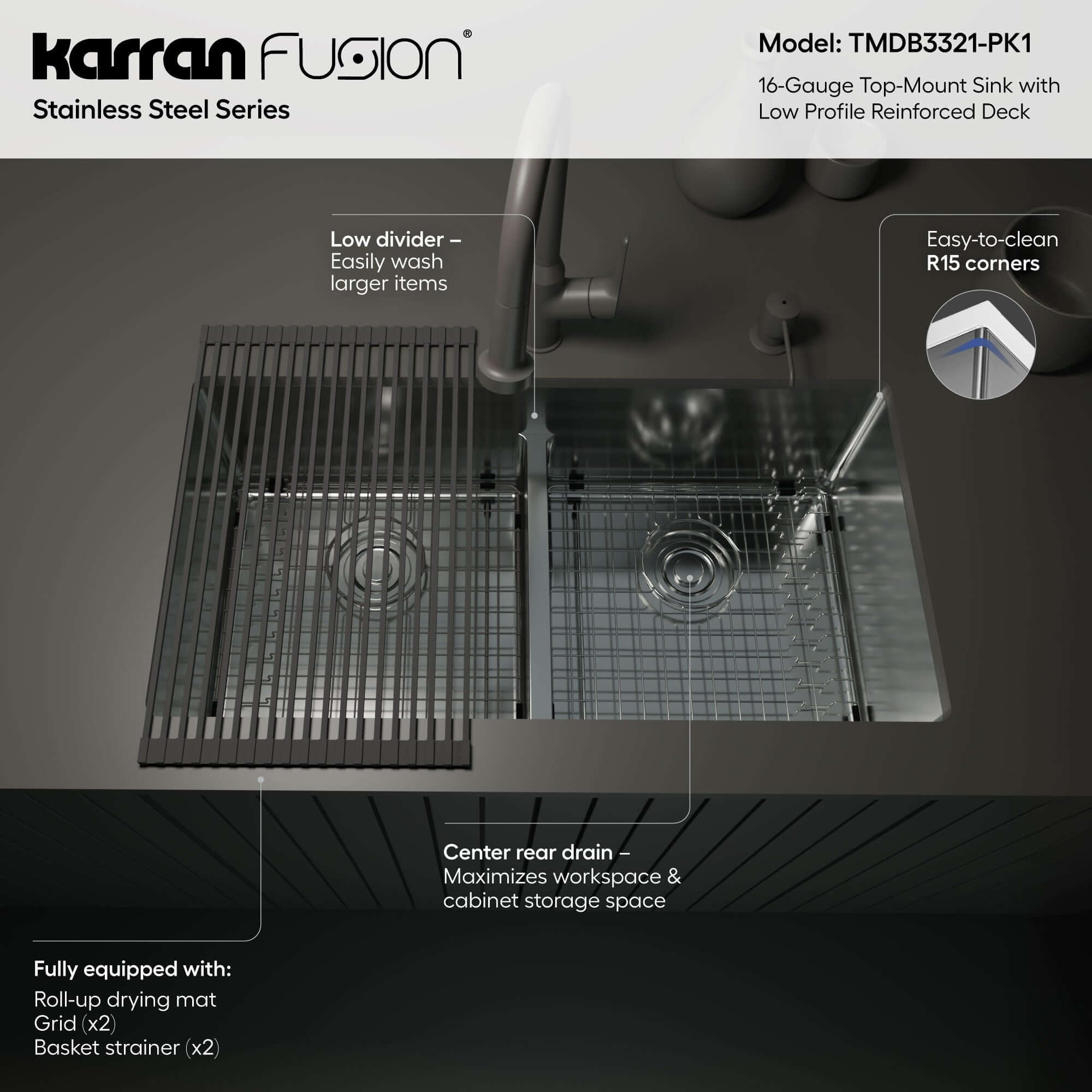 Alternate Image for Karran Fusion 33" Drop In/Topmount Stainless Steel Kitchen Sink with Accessories, 50/50 Double Bowl, 16 Gauge, TMDB3321-PK1
