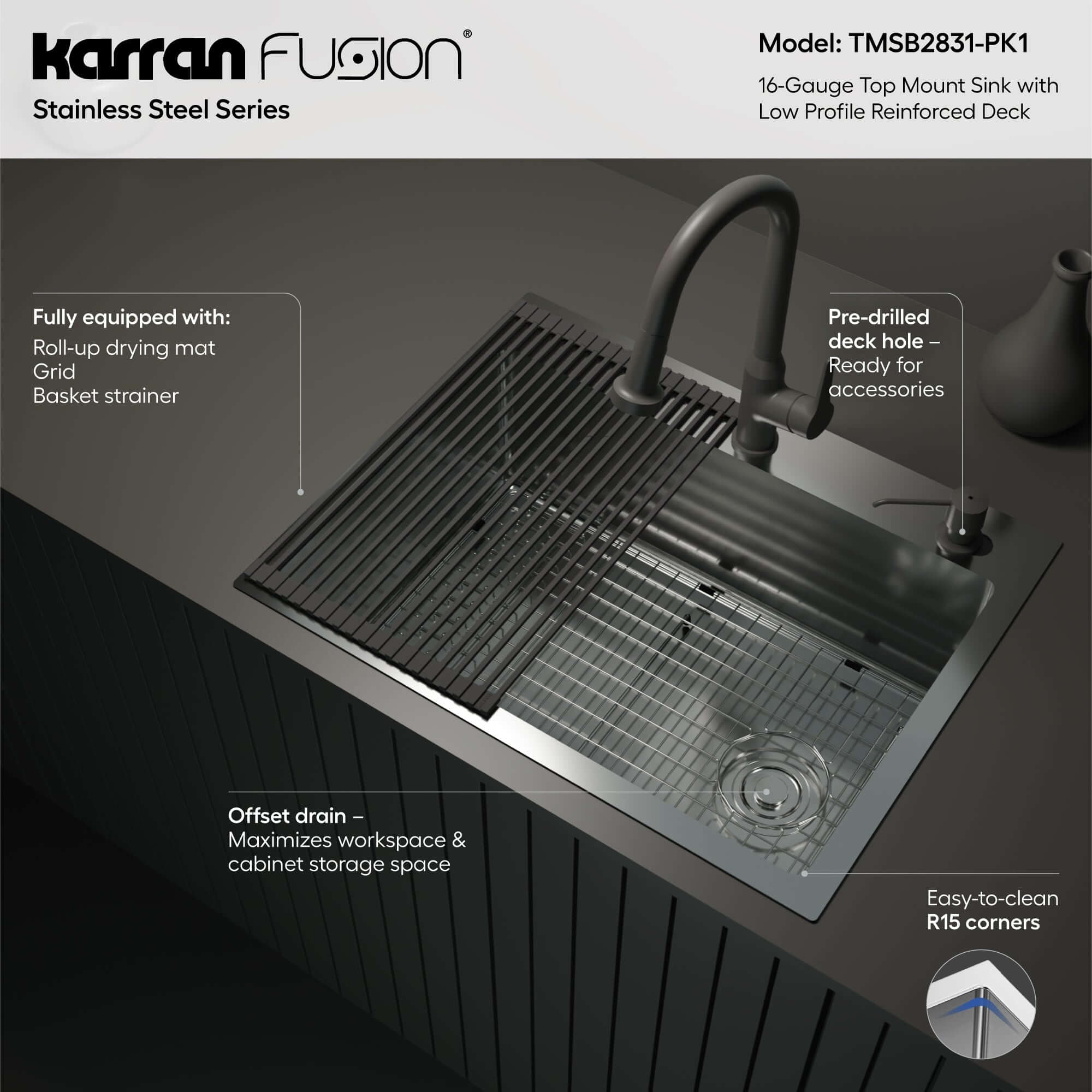 Alternate Image for Karran Fusion 28" Drop In/Topmount Stainless Steel Kitchen Sink with Accessories, 16 Gauge, TMSB2831-PK1