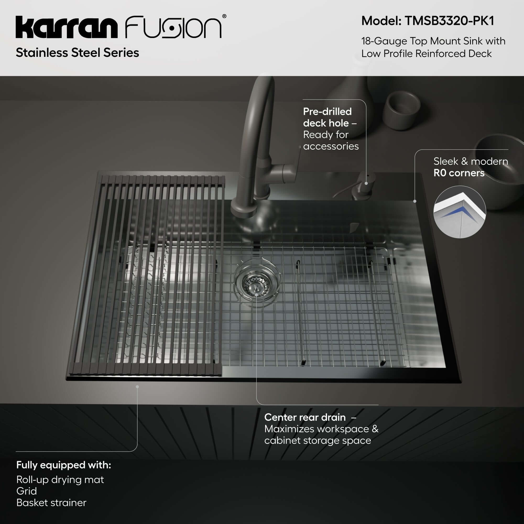 Alternate Image for Karran Fusion 33" Drop In/Topmount Stainless Steel ADA Kitchen Sink with Accessories, 18 Gauge, TMSB3320-PK1