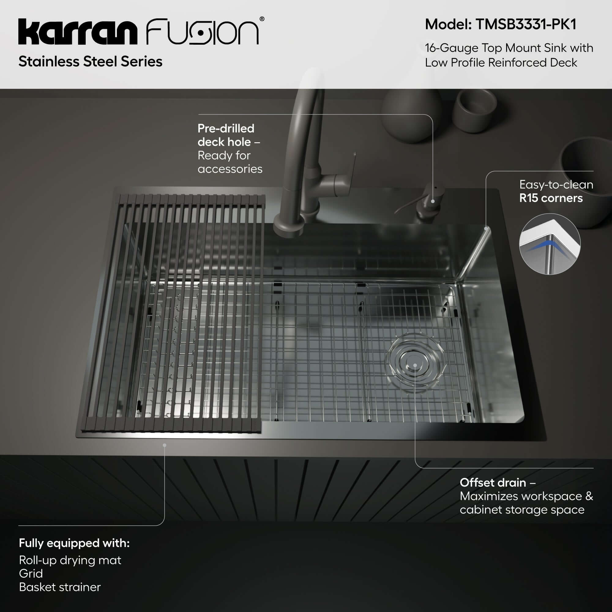 Alternate Image for Karran Fusion 33" Drop In/Topmount Stainless Steel Kitchen Sink with Accessories, 16 Gauge, TMSB3331-PK1