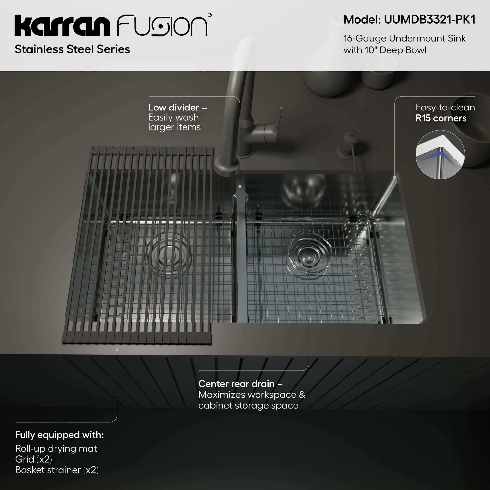 Alternate Image for Karran Fusion 33" Undermount Stainless Steel ADA Kitchen Sink with Accessories, 50/50 Double Bowl, 16 Gauge, UUMDB3321-PK1