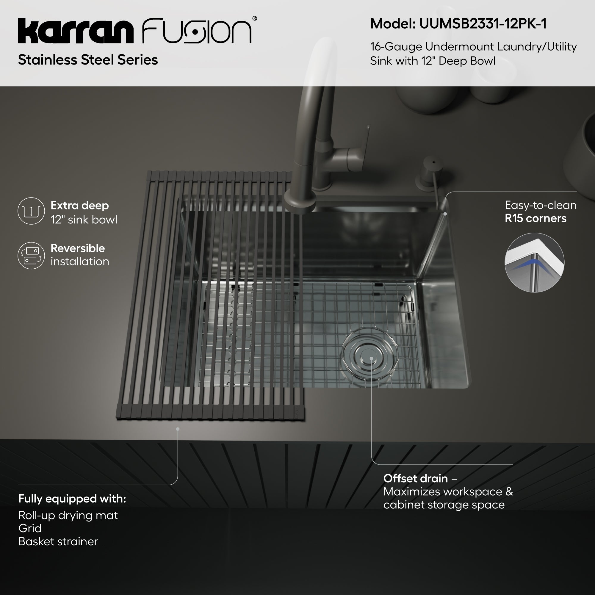 Alternate Image for Karran Fusion 23" Undermount Stainless Steel ADA Kitchen Sink with Accessories, 16 Gauge, UUMSB2331-12PK1
