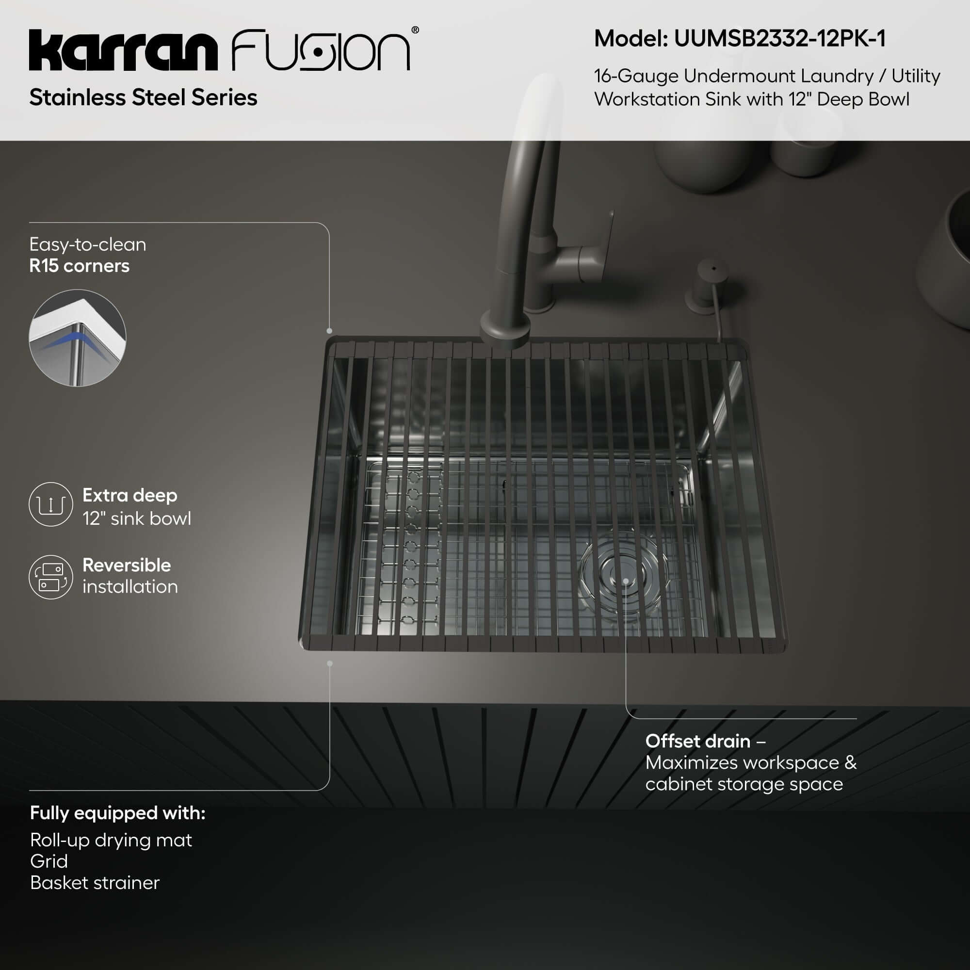 Alternate Image for Karran Fusion 23" Undermount Stainless Steel ADA Workstation Kitchen Sink with Accessories, 16 Gauge, UUMSB2332-12PK1