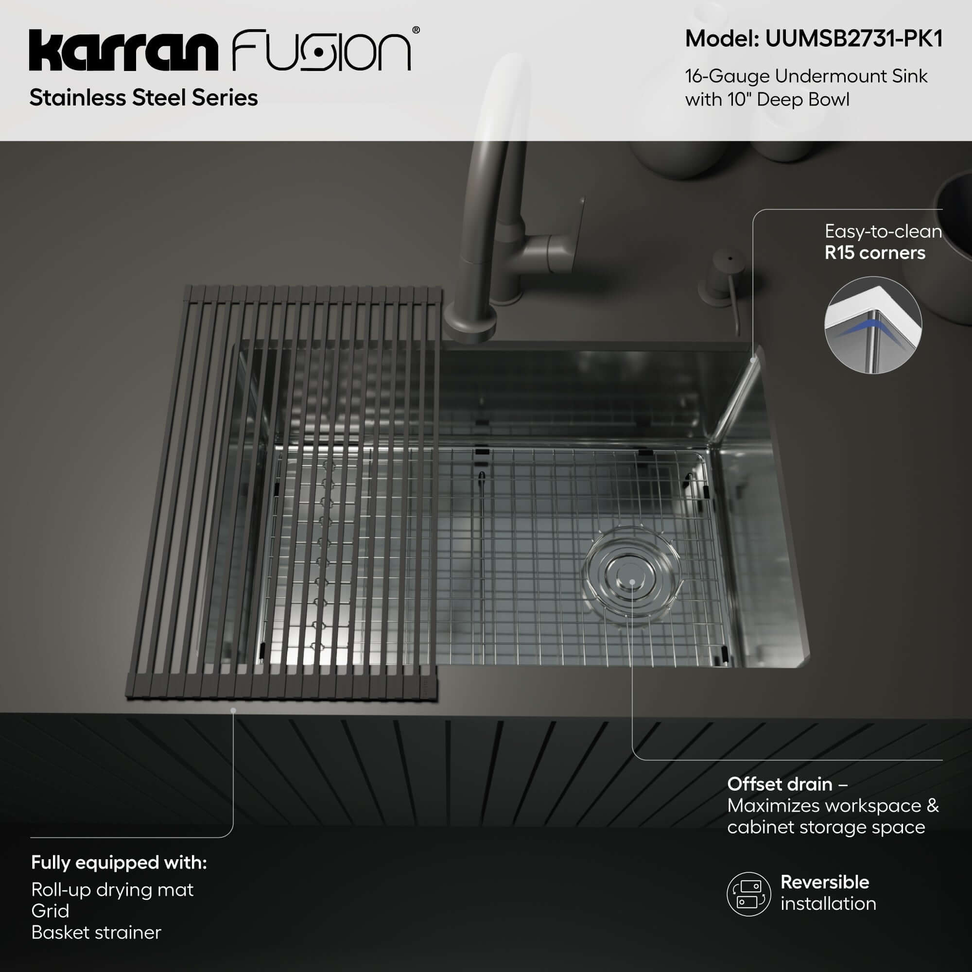Alternate Image for Karran Fusion 27" Undermount Stainless Steel ADA Kitchen Sink with Accessories, 16 Gauge, UUMSB2731-PK1