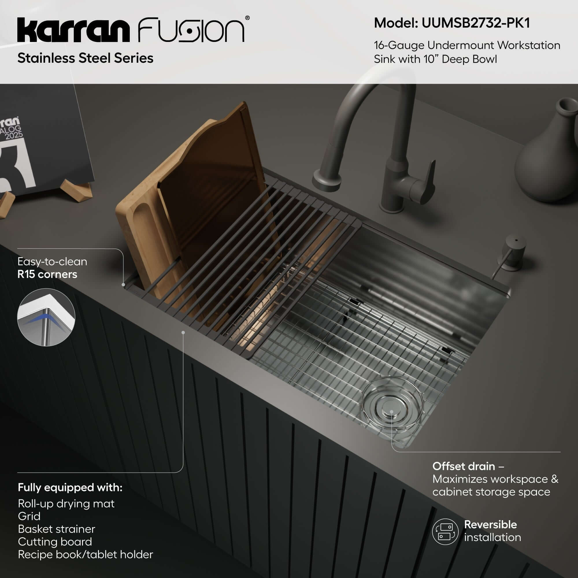 Alternate Image for Karran Fusion 27" Undermount Stainless Steel Workstation Kitchen Sink with Accessories, 16 Gauge, UUMSB2732-PK1