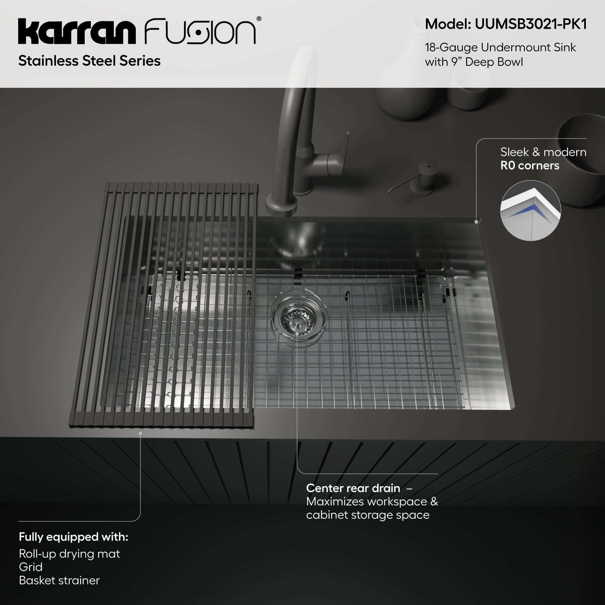 Alternate Image for Karran Fusion 31" Undermount Stainless Steel ADA Kitchen Sink with Accessories, 18 Gauge, UUMSB3021-PK1