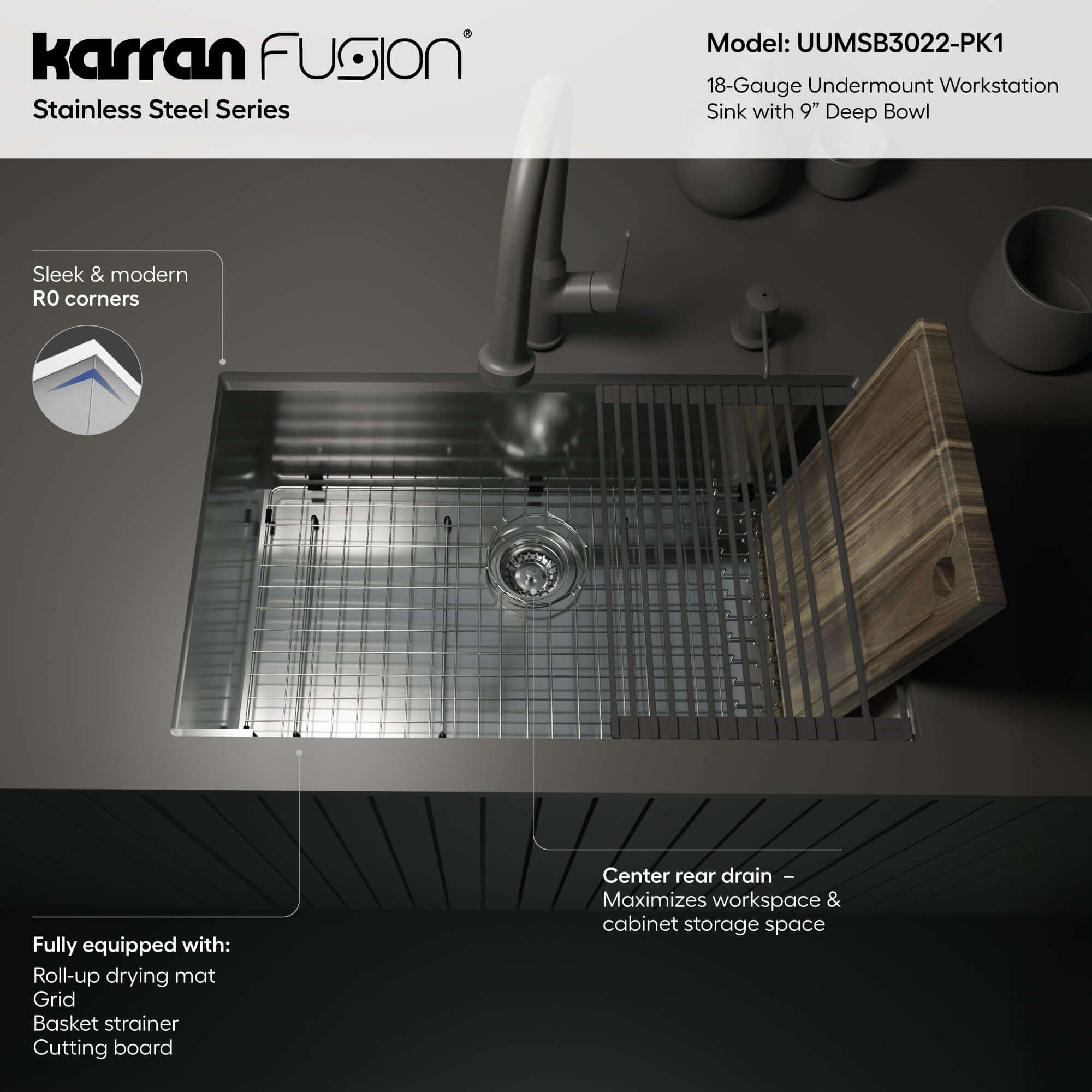 Alternate Image for Karran Fusion 31" Undermount Stainless Steel ADA Workstation Kitchen Sink with Accessories, 18 Gauge, UUMSB3022-PK1