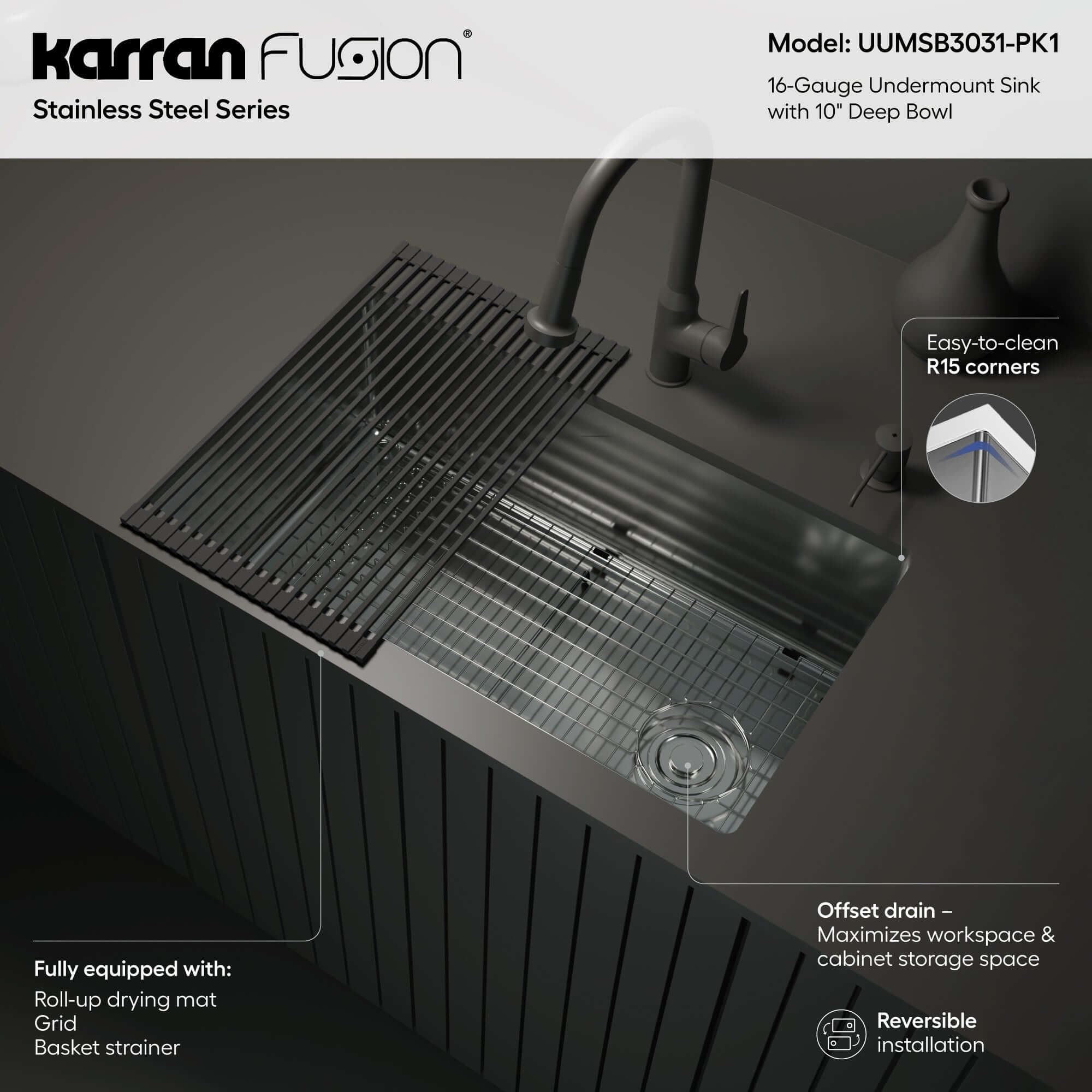 Alternate Image for Karran Fusion 30" Undermount Stainless Steel ADA Kitchen Sink with Accessories, 16 Gauge, UUMSB3031-PK1