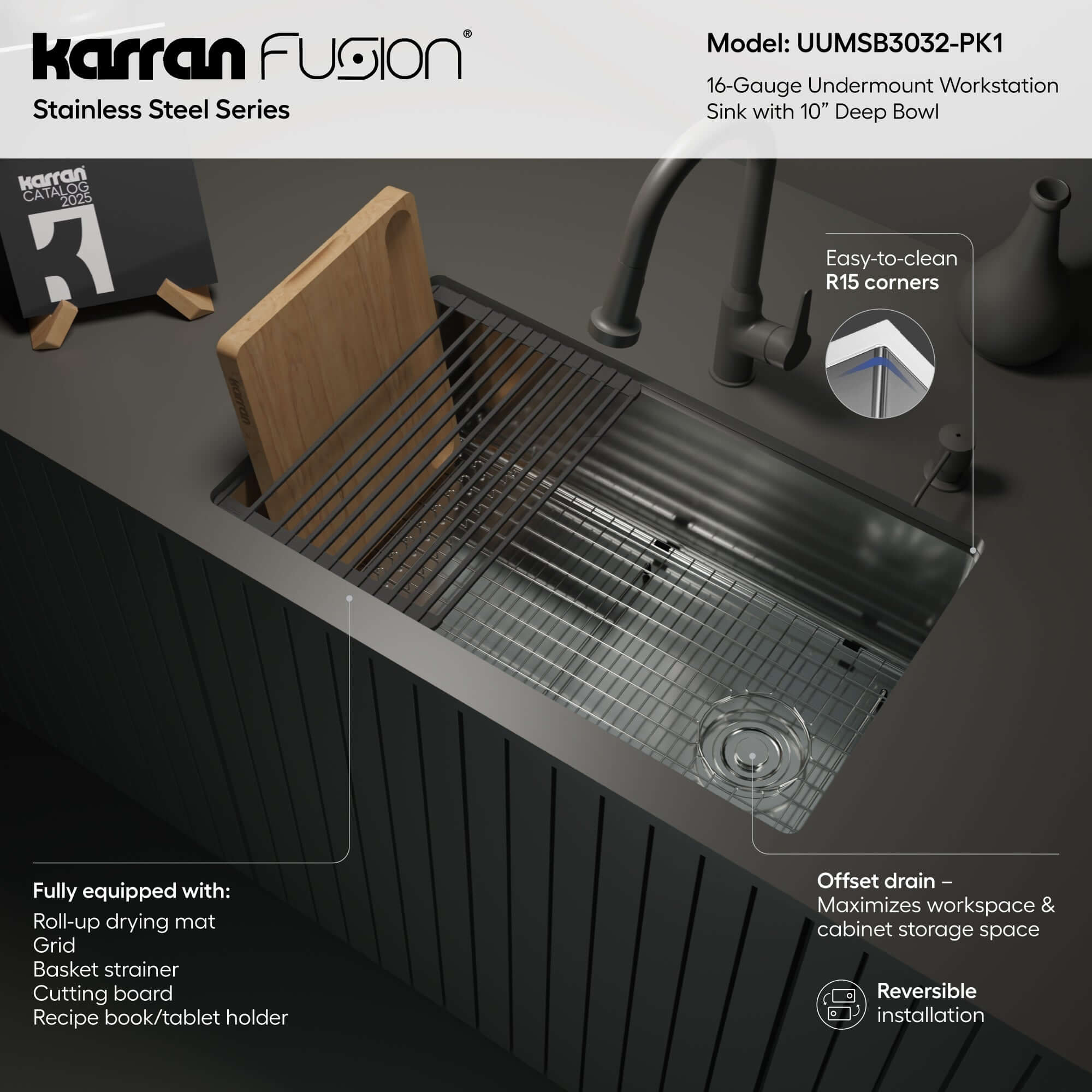 Alternate Image for Karran Fusion 30" Undermount Stainless Steel Workstation Kitchen Sink with Accessories, 16 Gauge, UUMSB3032-PK1