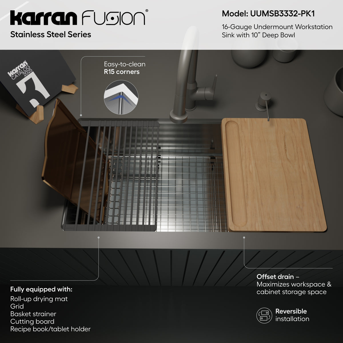 Alternative View of Karran Fusion 33" Undermount Stainless Steel Workstation Kitchen Sink with Accessories, 16 Gauge, UUMSB3332-PK1