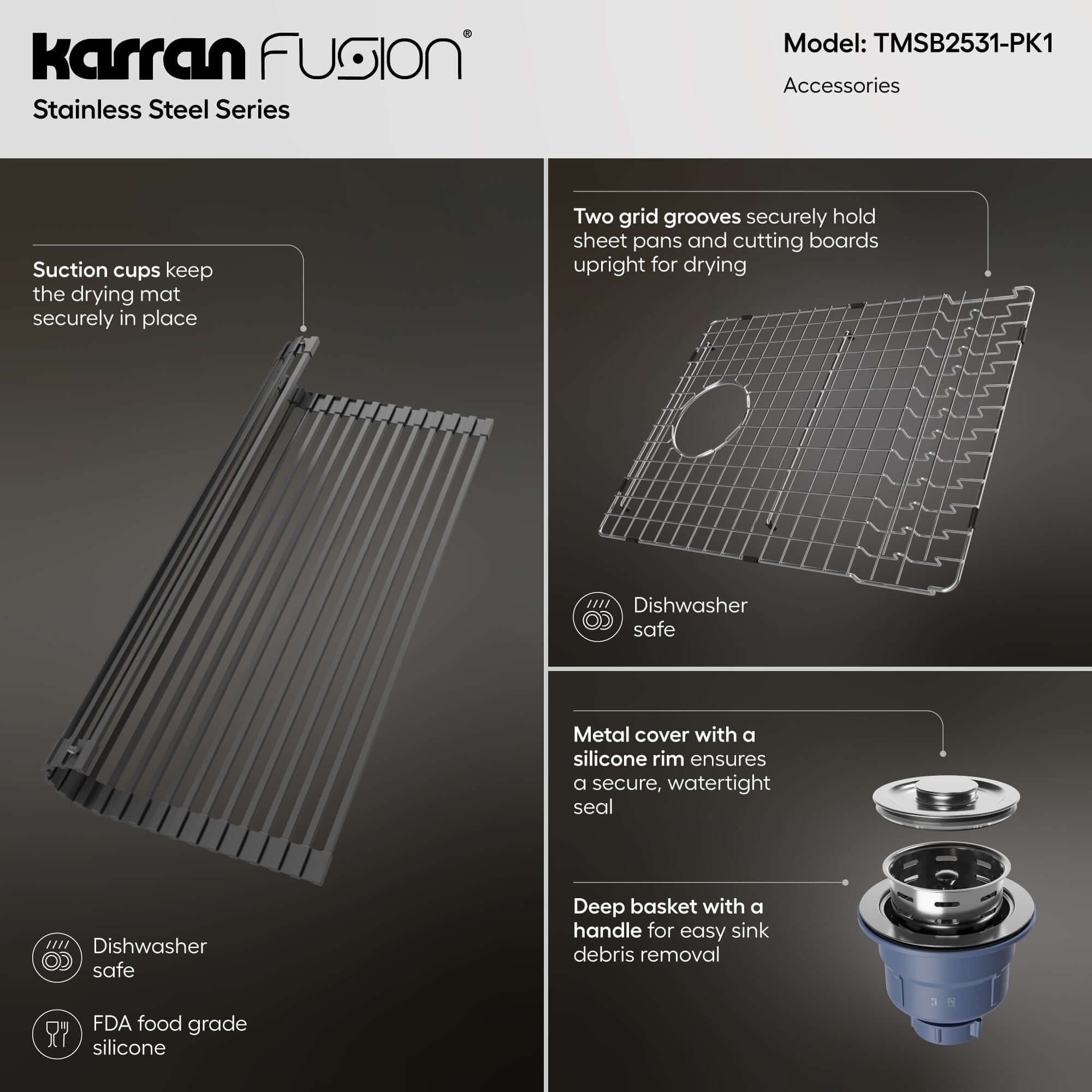 Alternate Image for Karran Fusion 25" Drop In/Topmount Stainless Steel ADA Kitchen Sink with Accessories, 16 Gauge, TMSB2531-PK1