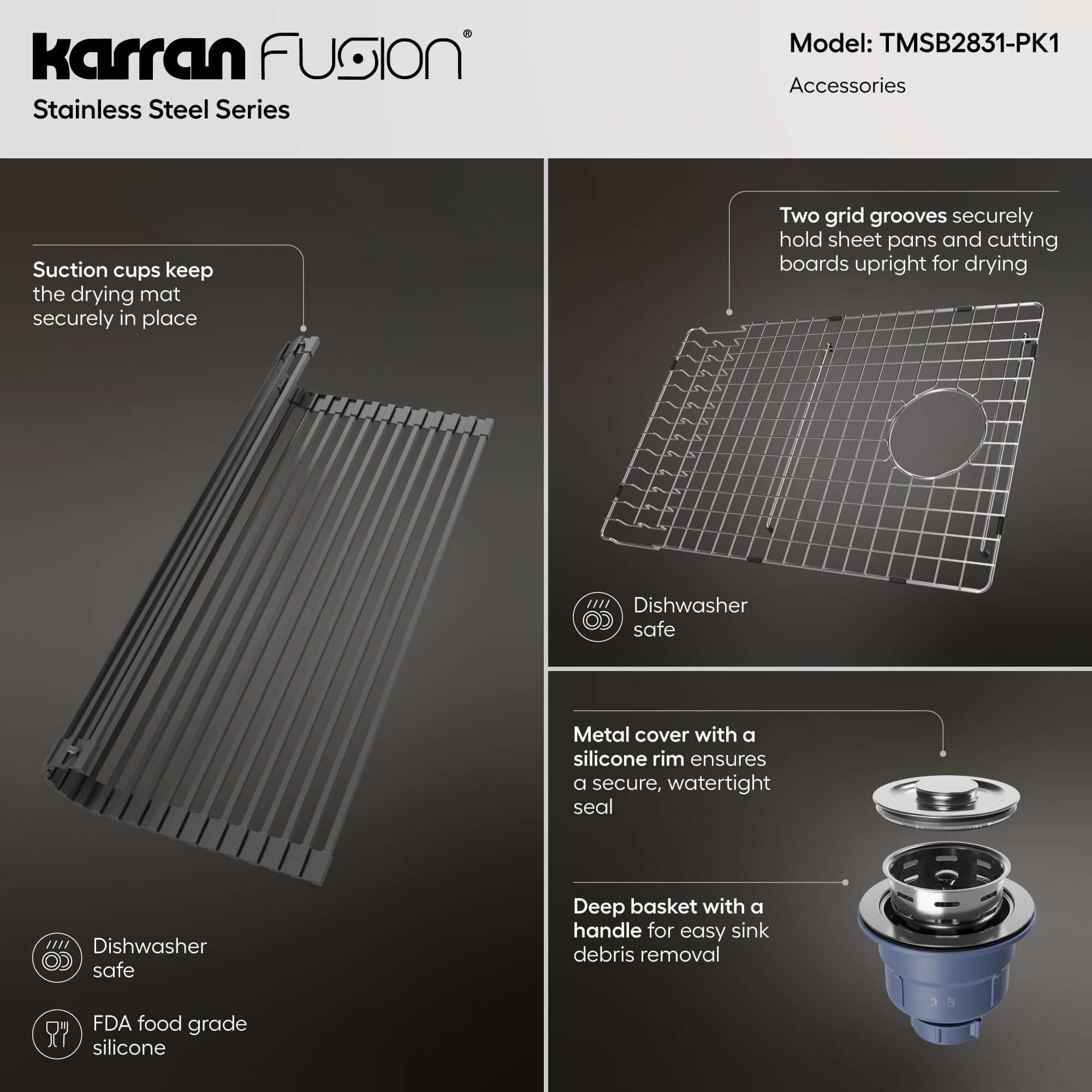 Alternate Image for Karran Fusion 28" Drop In/Topmount Stainless Steel Kitchen Sink with Accessories, 16 Gauge, TMSB2831-PK1