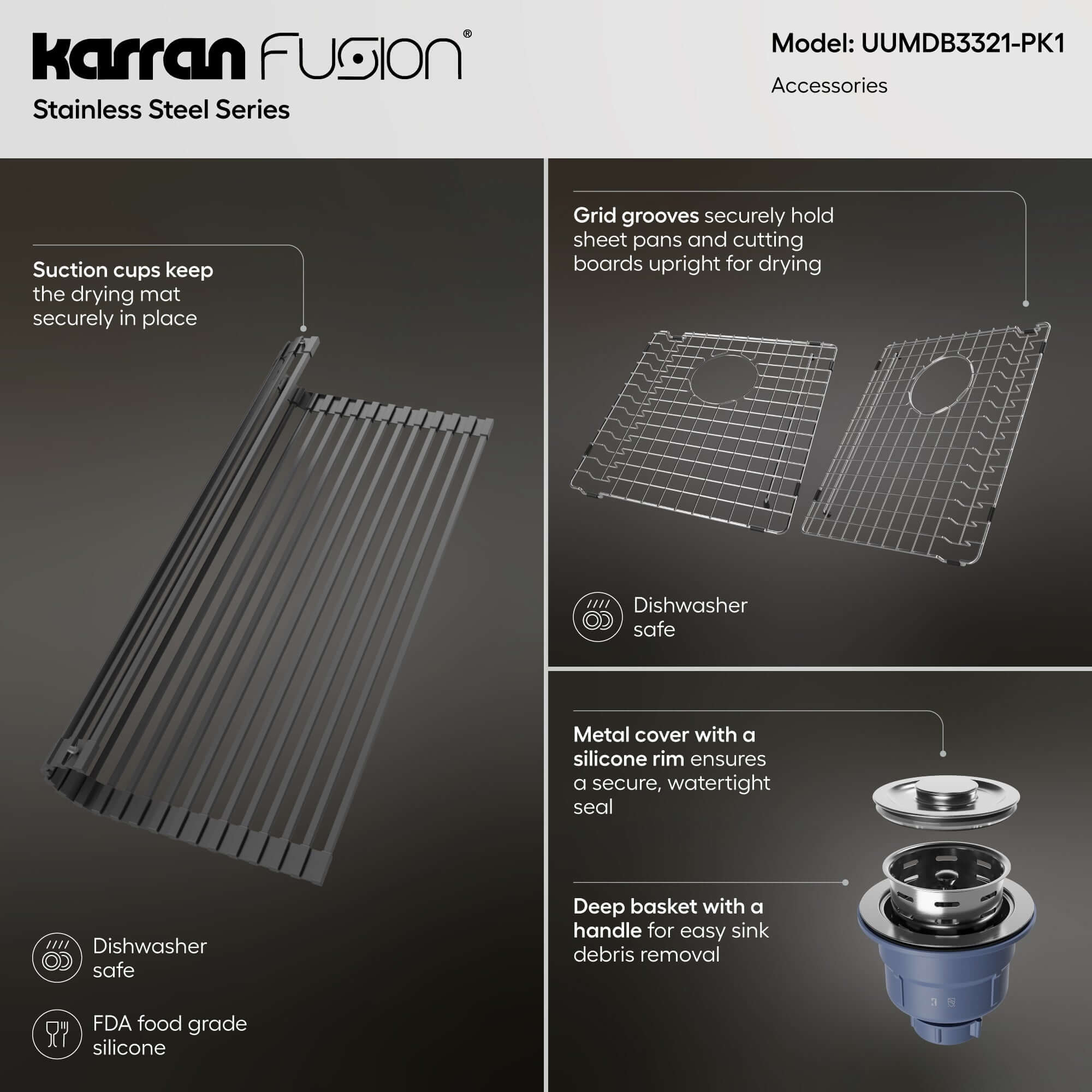 Alternate Image for Karran Fusion 33" Undermount Stainless Steel ADA Kitchen Sink with Accessories, 50/50 Double Bowl, 16 Gauge, UUMDB3321-PK1