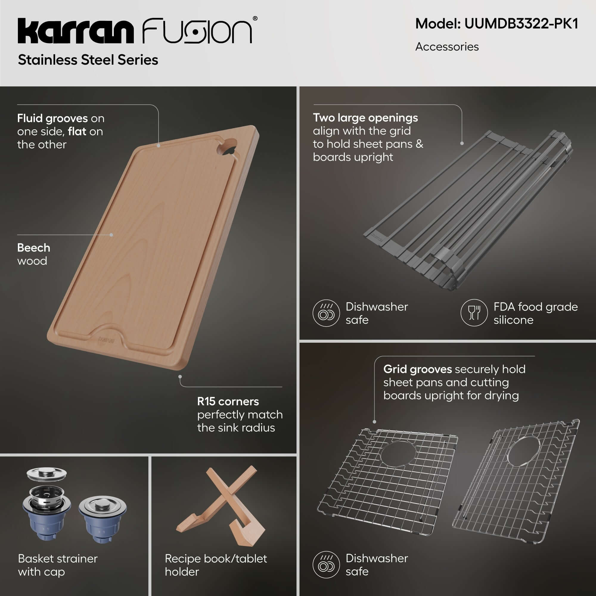 Alternate Image for Karran Fusion 33" Undermount Stainless Steel ADA Workstation Kitchen Sink with Accessories, 50/50 Double Bowl, 16 Gauge, UUMDB3322-PK1