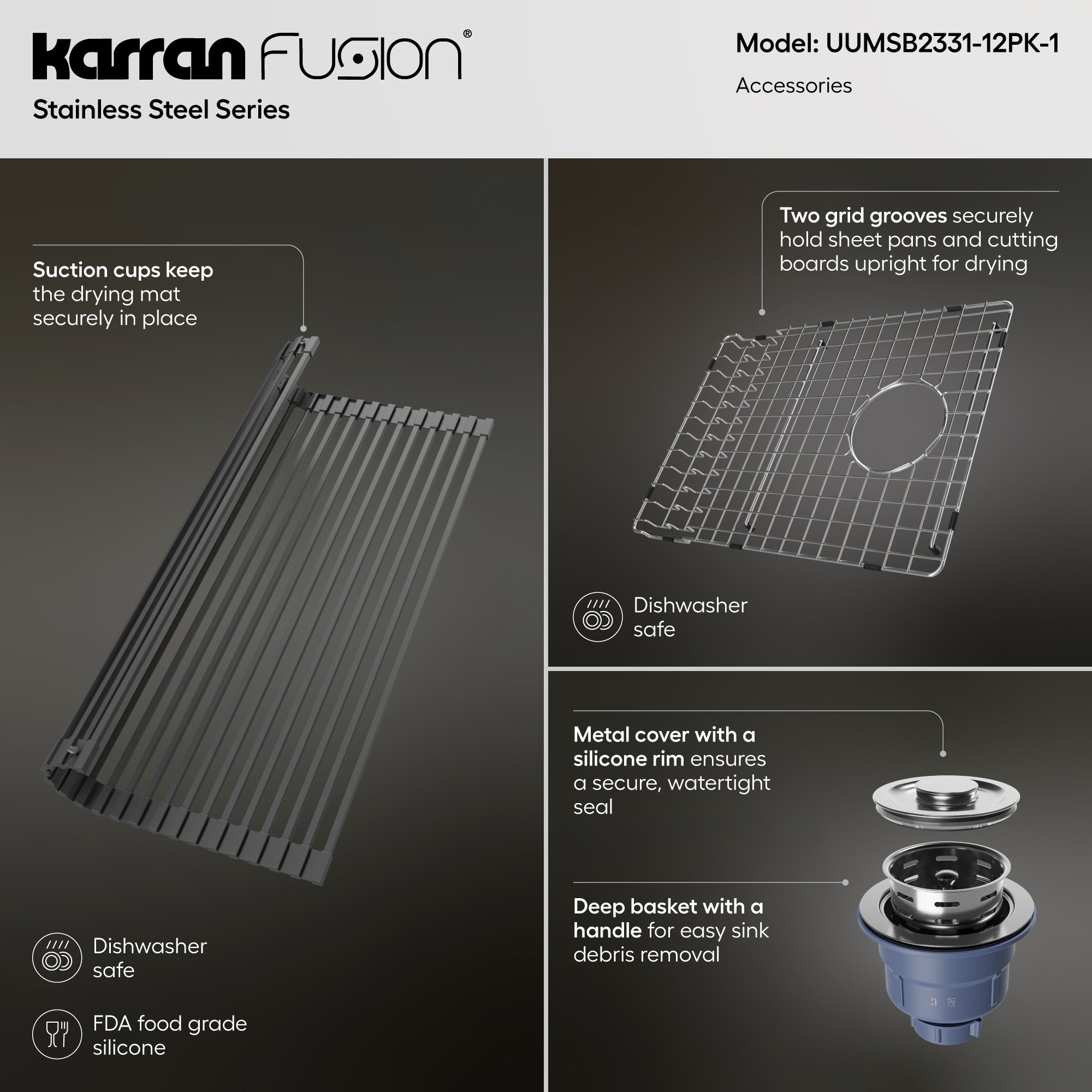 Alternate Image for Karran Fusion 23" Undermount Stainless Steel ADA Kitchen Sink with Accessories, 16 Gauge, UUMSB2331-12PK1