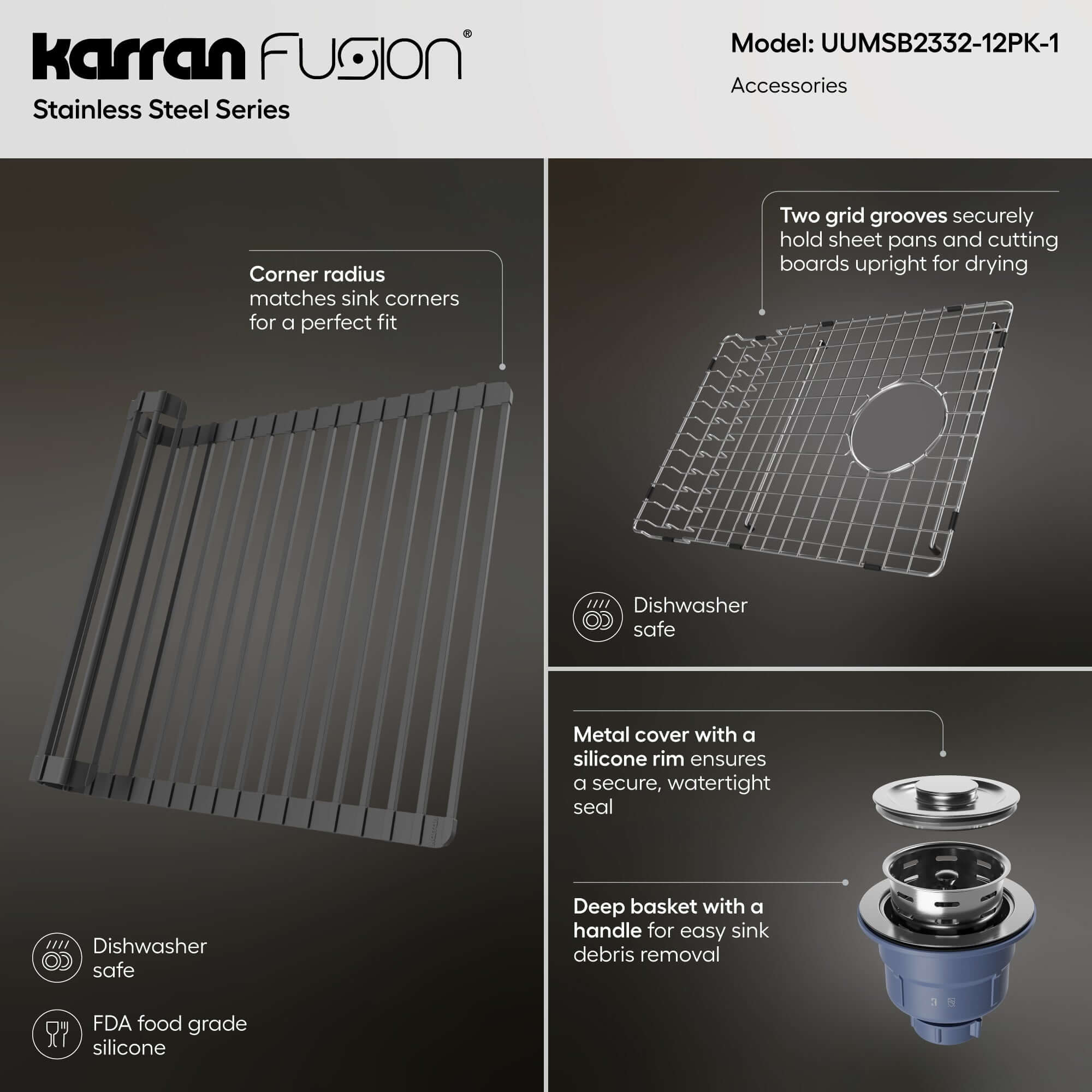 Alternate Image for Karran Fusion 23" Undermount Stainless Steel ADA Workstation Kitchen Sink with Accessories, 16 Gauge, UUMSB2332-12PK1