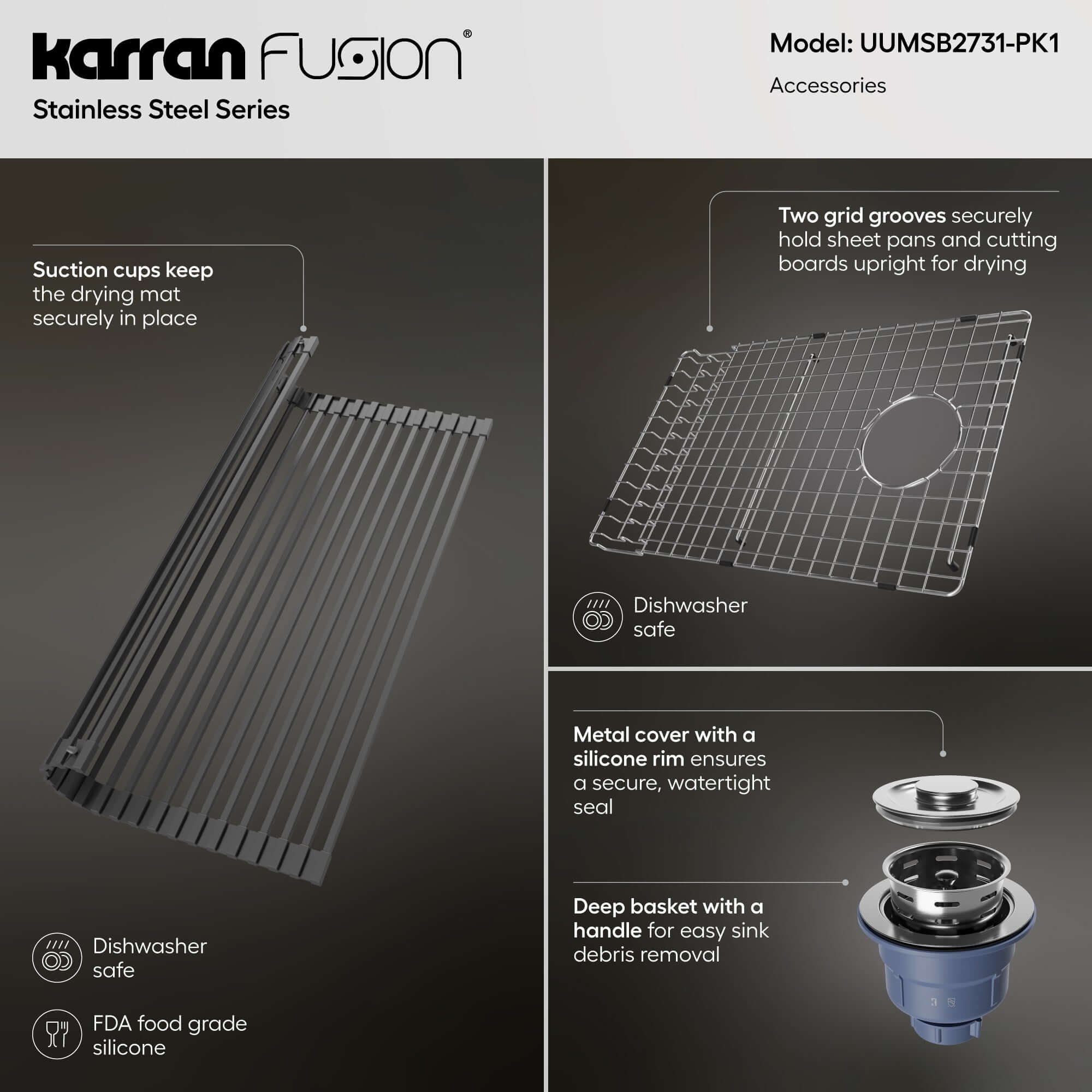 Alternate Image for Karran Fusion 27" Undermount Stainless Steel ADA Kitchen Sink with Accessories, 16 Gauge, UUMSB2731-PK1