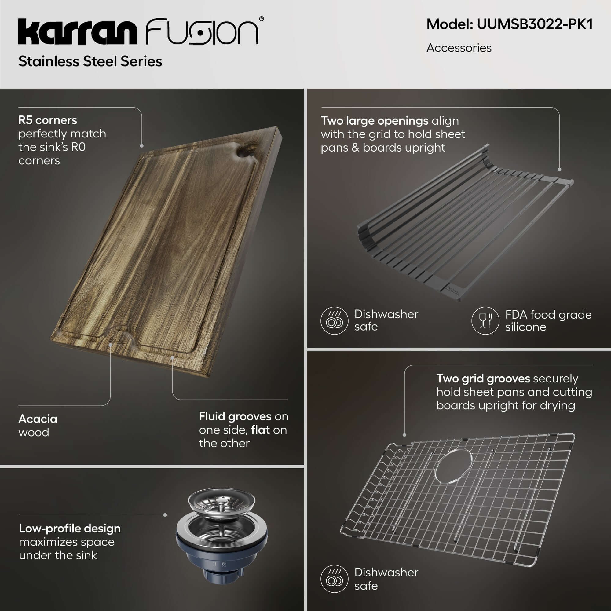 Alternate Image for Karran Fusion 31" Undermount Stainless Steel ADA Workstation Kitchen Sink with Accessories, 18 Gauge, UUMSB3022-PK1